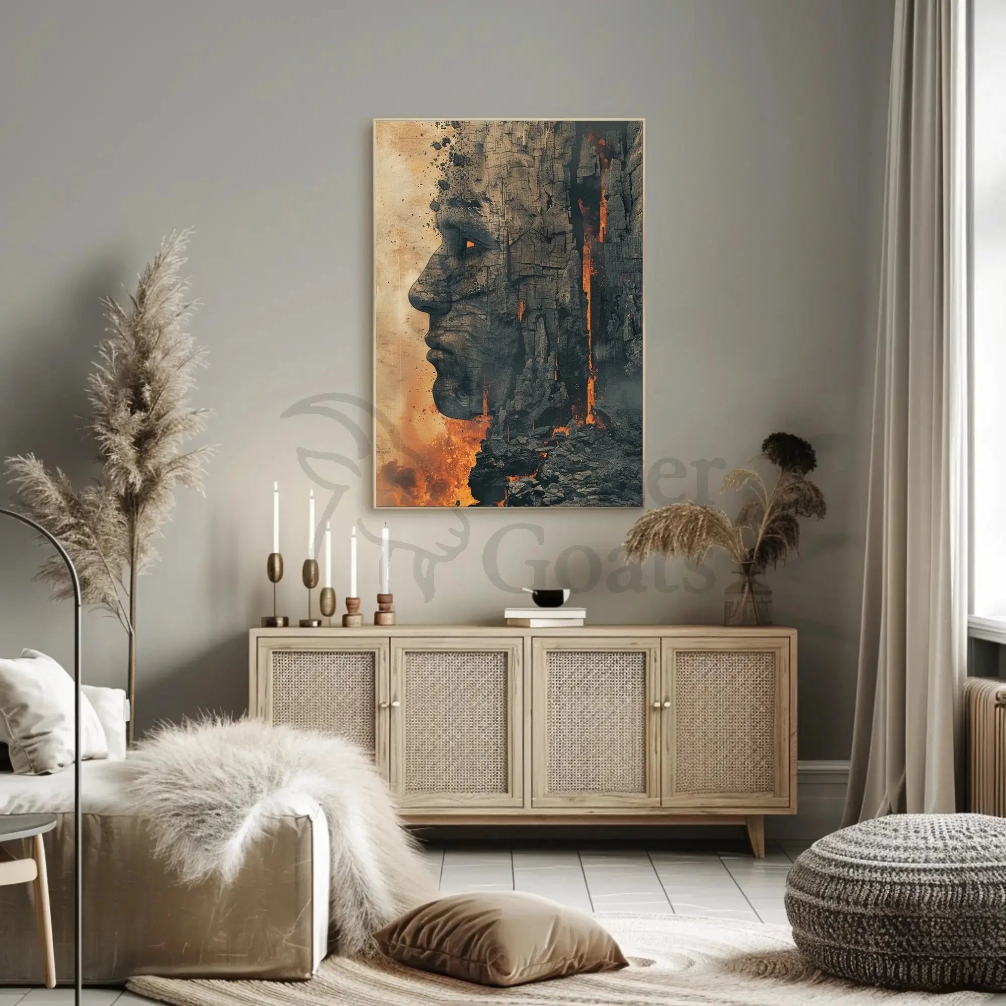 Timeless Mythical Face in Fiery Cliff - Artistic Poster PosterGoat