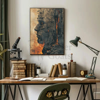 Timeless Mythical Face in Fiery Cliff - Artistic Poster PosterGoat