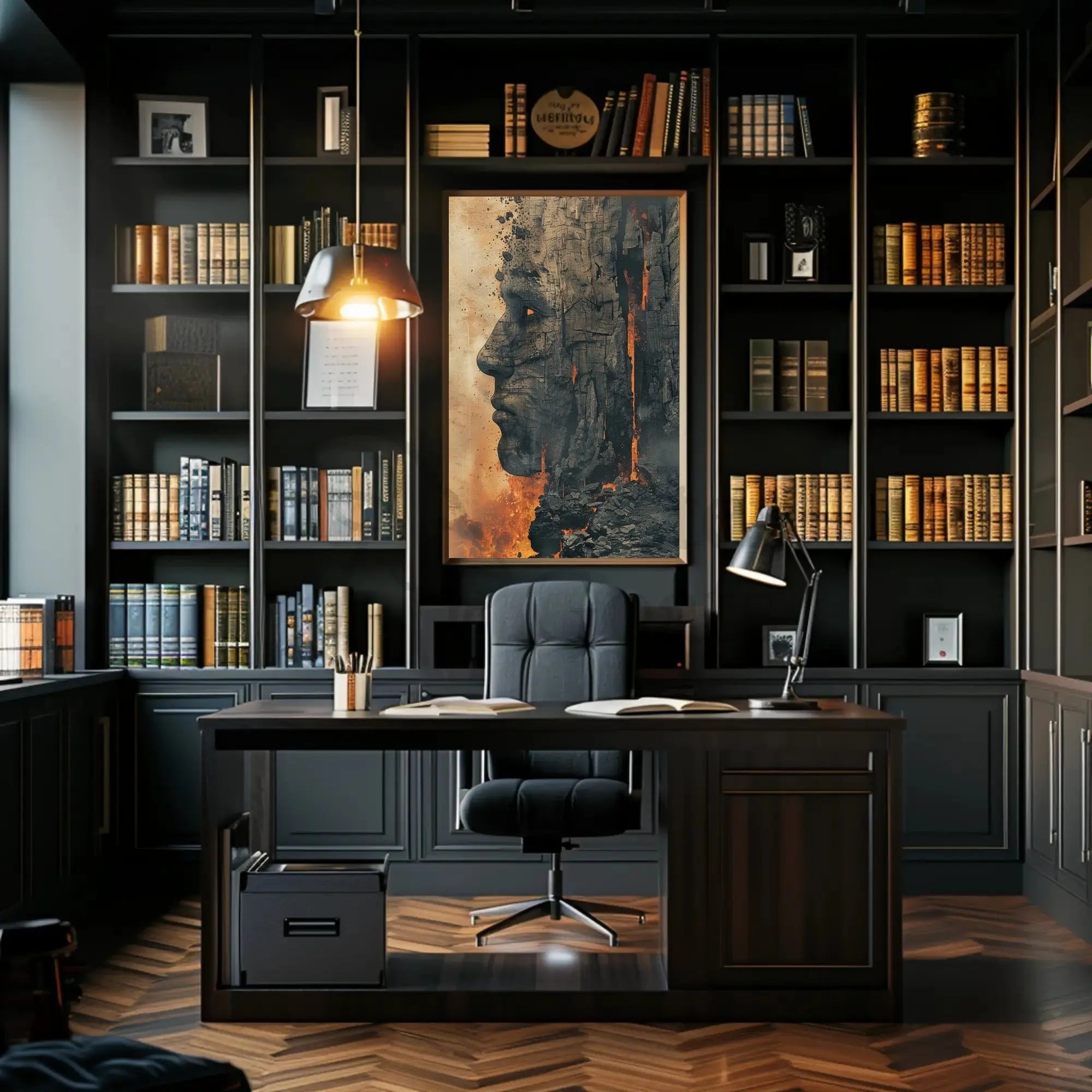 Timeless Mythical Face in Fiery Cliff - Artistic Poster PosterGoat