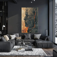 Timeless Mythical Face in Fiery Cliff - Artistic Poster PosterGoat