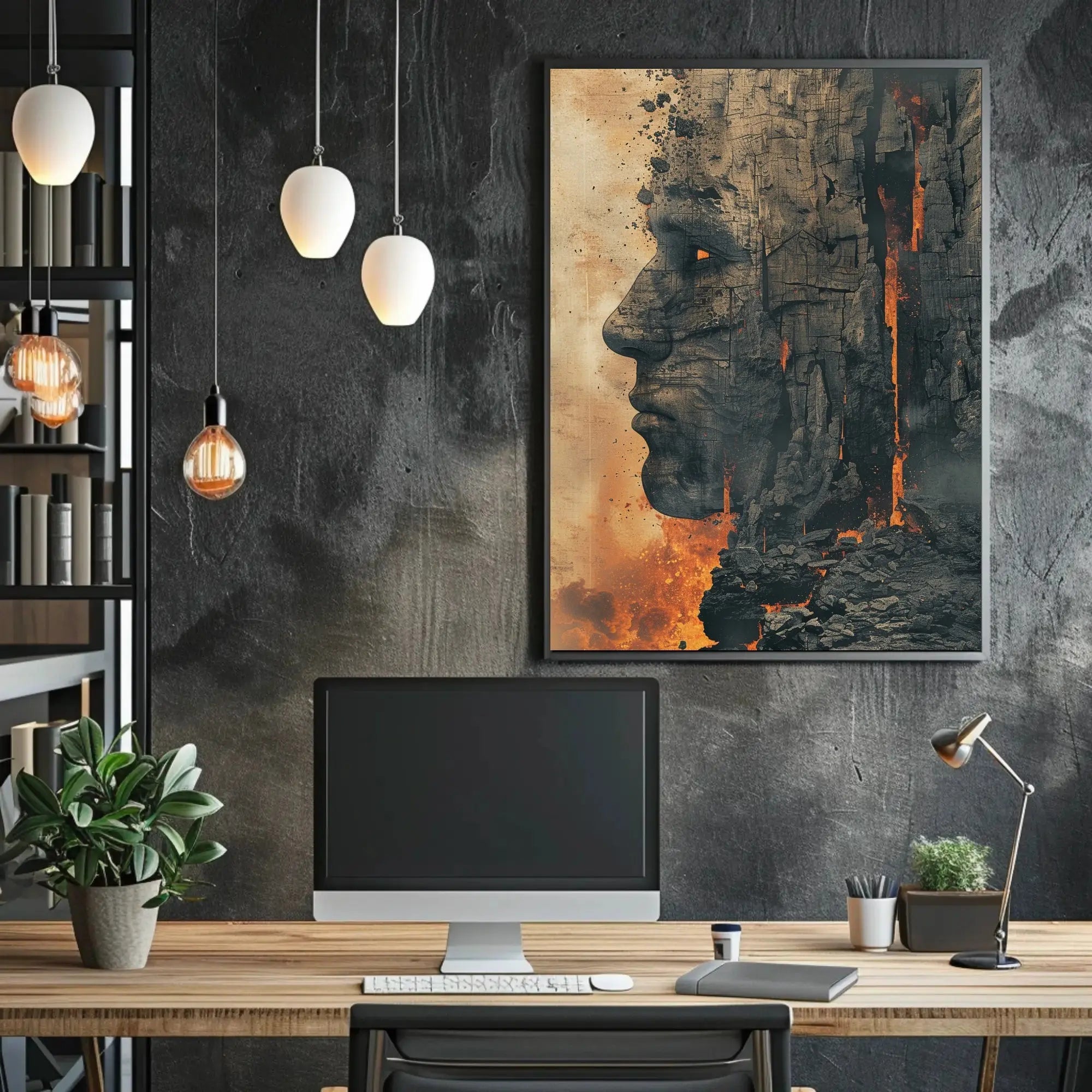 Timeless Mythical Face in Fiery Cliff - Artistic Poster PosterGoat