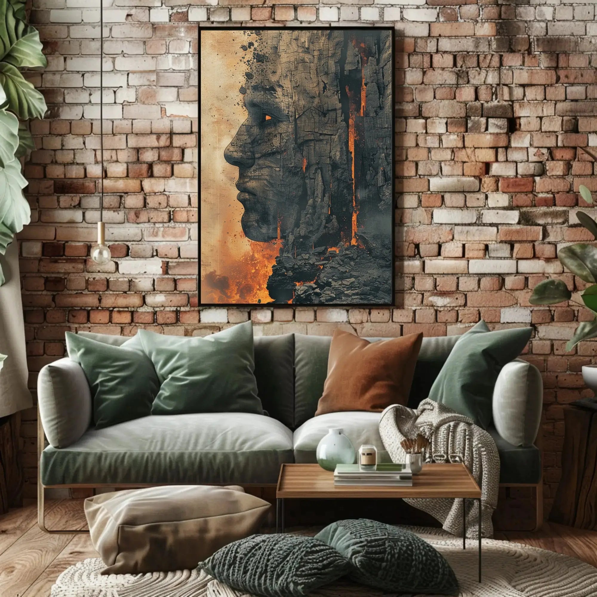 Timeless Mythical Face in Fiery Cliff - Artistic Poster PosterGoat
