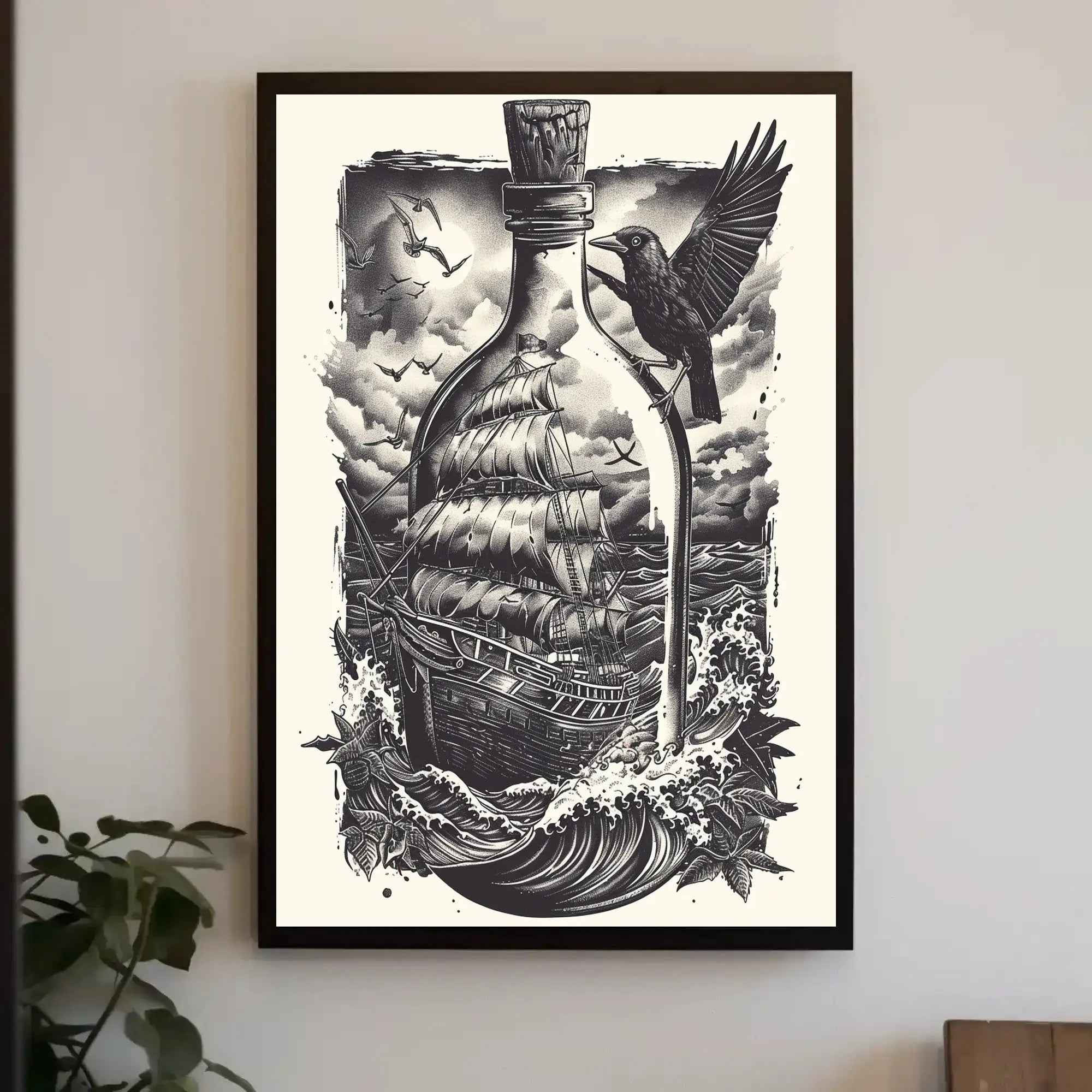 Timeless Nautical Ship in Bottle Artistic Poster PosterGoat