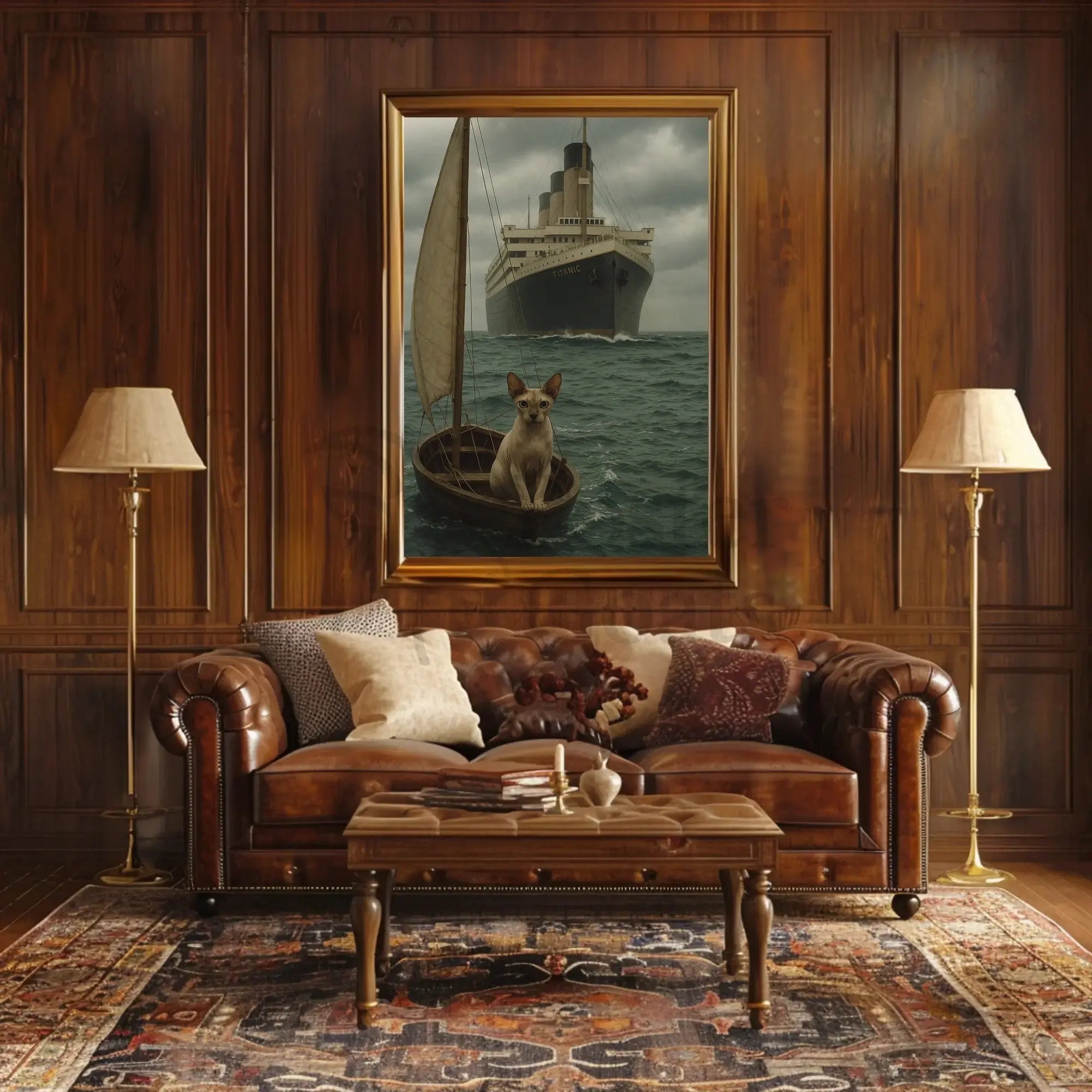 Titanic Surrealism with Sphynx Cat Artistic Poster PosterGoat