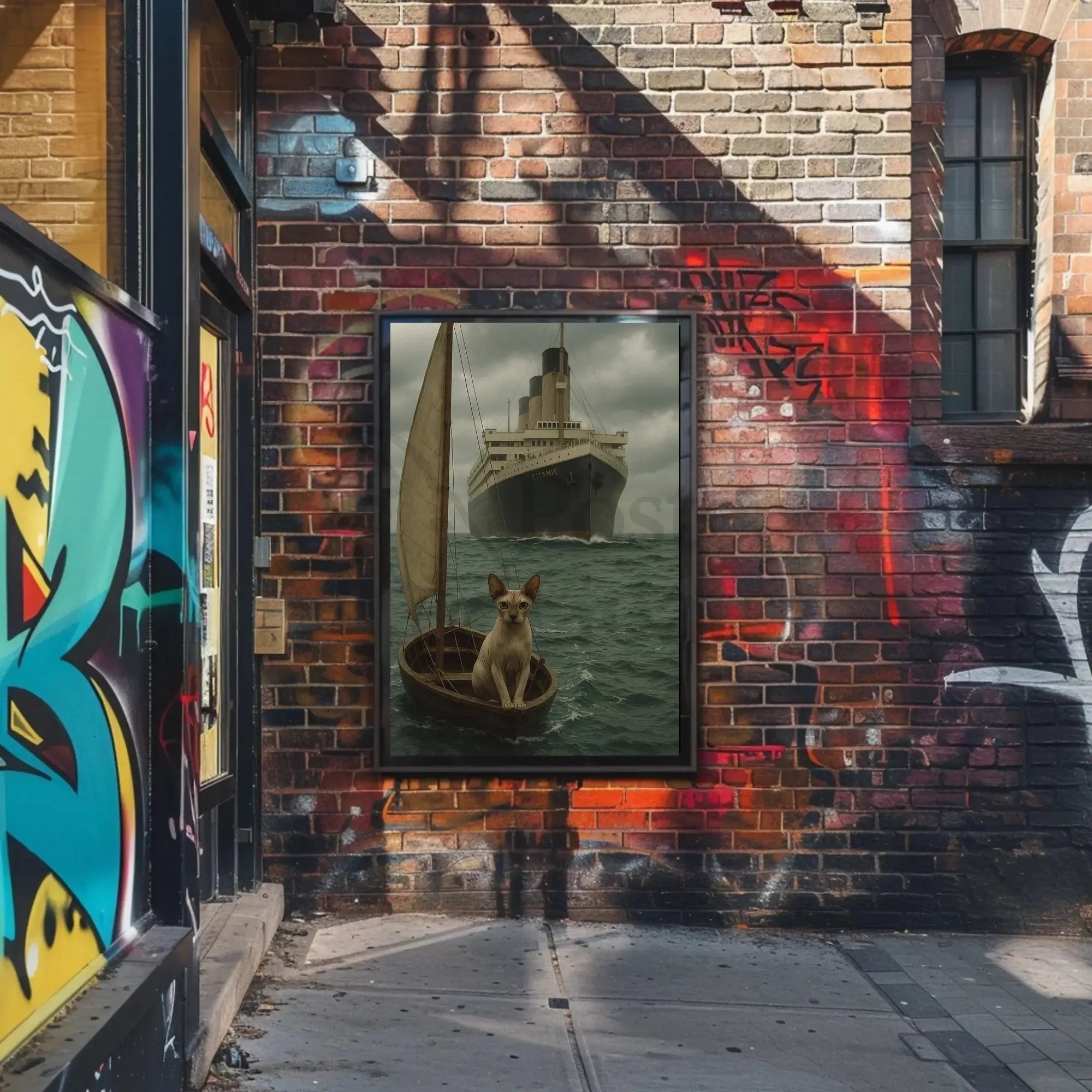 Titanic Surrealism with Sphynx Cat Artistic Poster PosterGoat