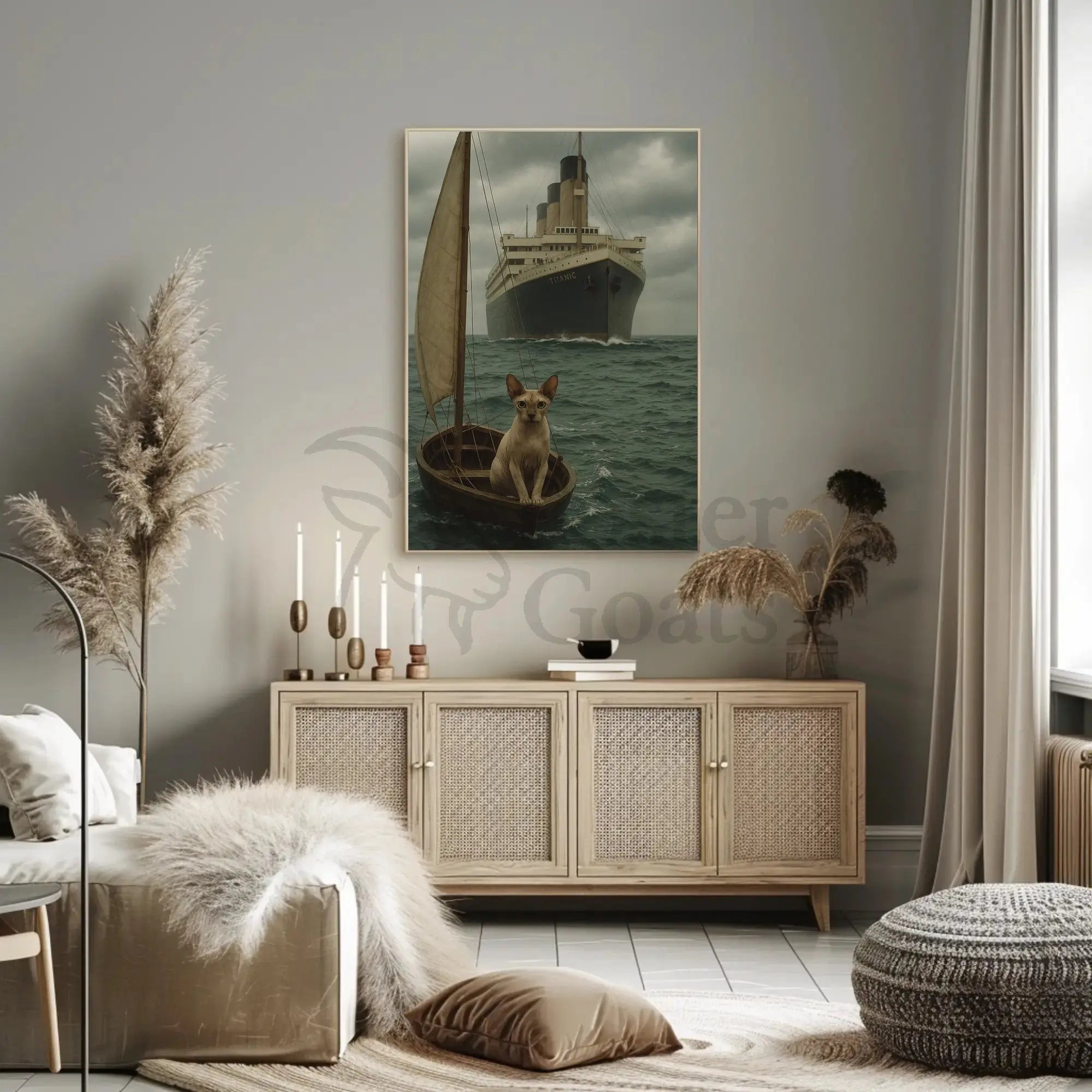 Titanic Surrealism with Sphynx Cat Artistic Poster PosterGoat