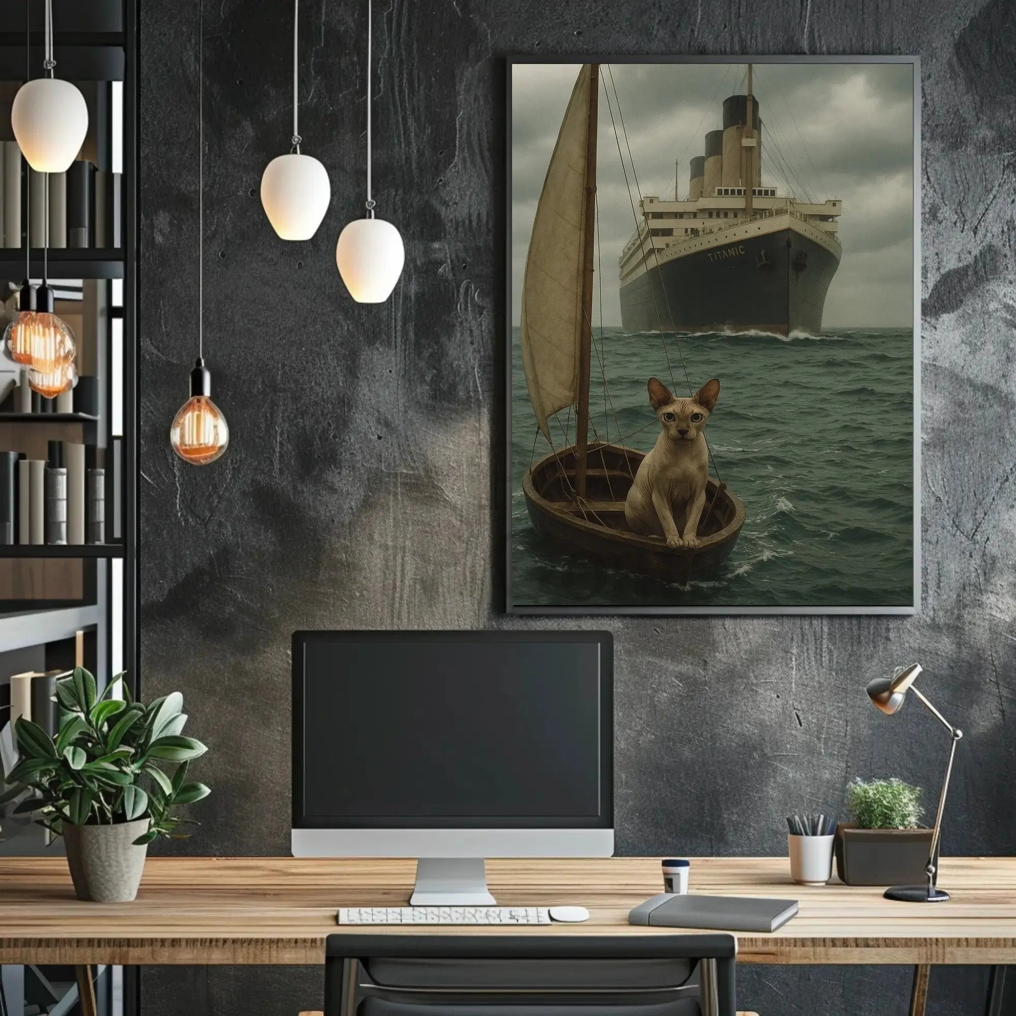 Titanic Surrealism with Sphynx Cat Artistic Poster PosterGoat