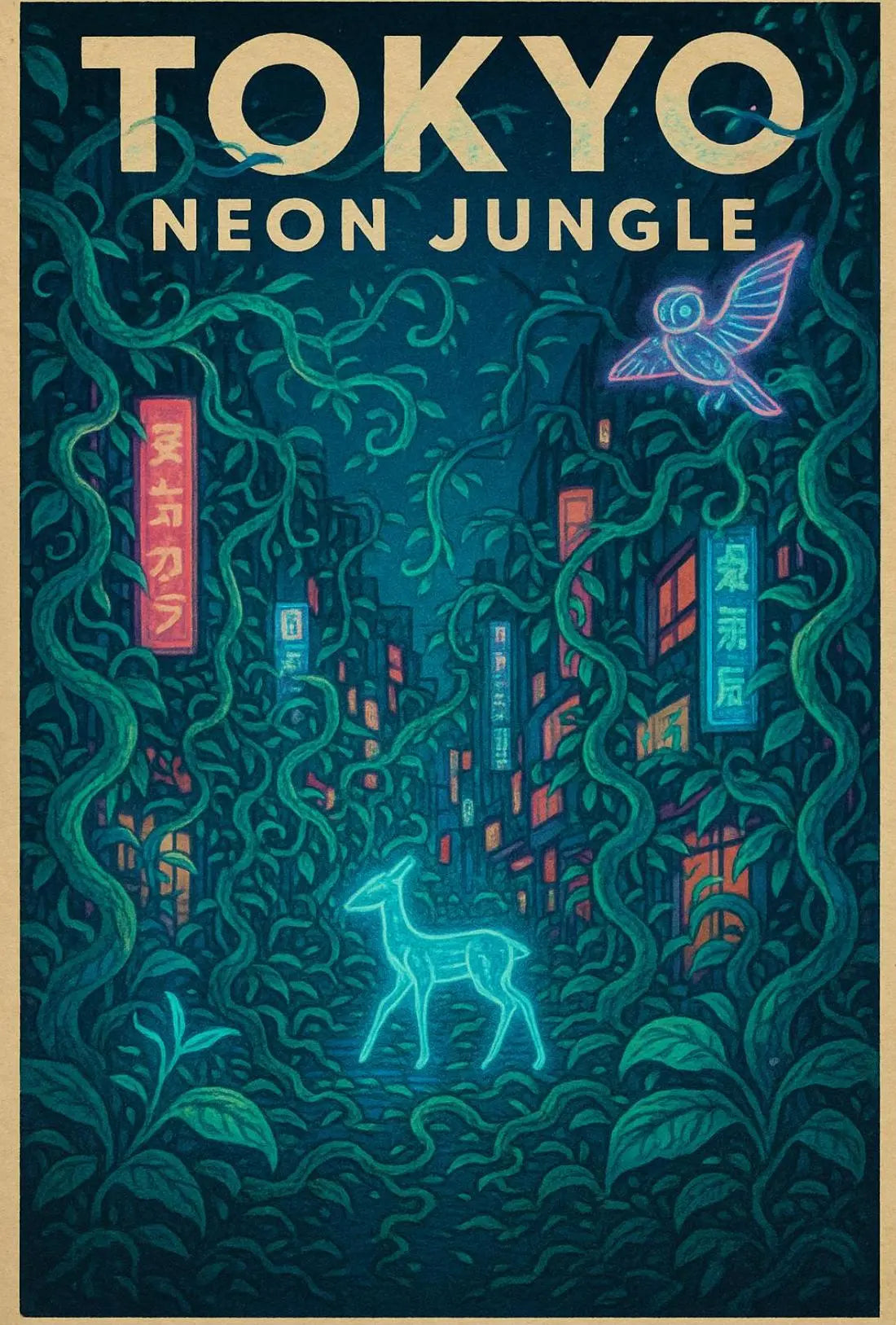 Tokyo Neon Jungle Futuristic Sci-Fi Poster PosterGoat