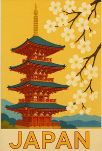 Traditional Japanese Pagoda and Cherry Blossoms Travel Poster PosterGoat