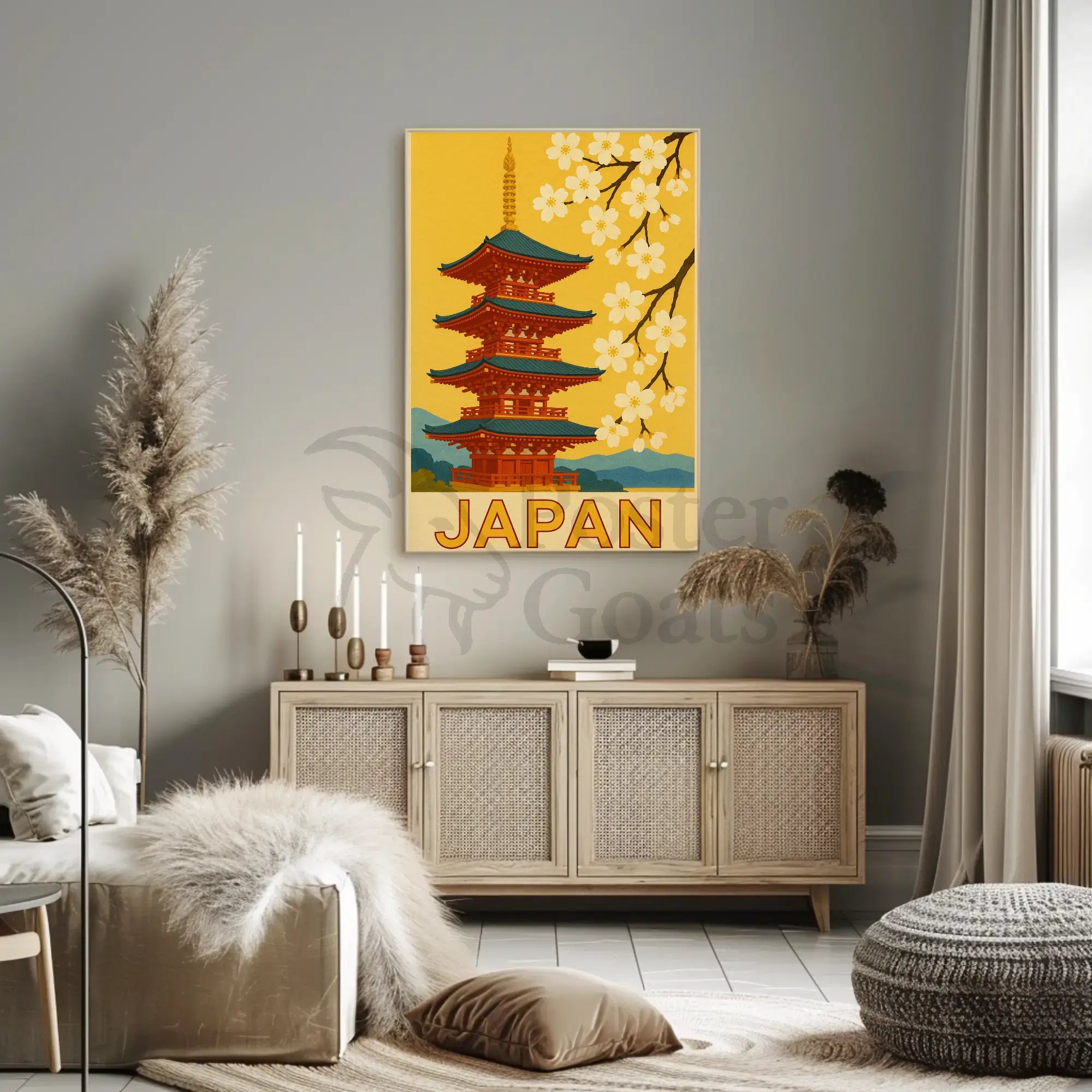 Traditional Japanese Pagoda and Cherry Blossoms Travel Poster PosterGoat