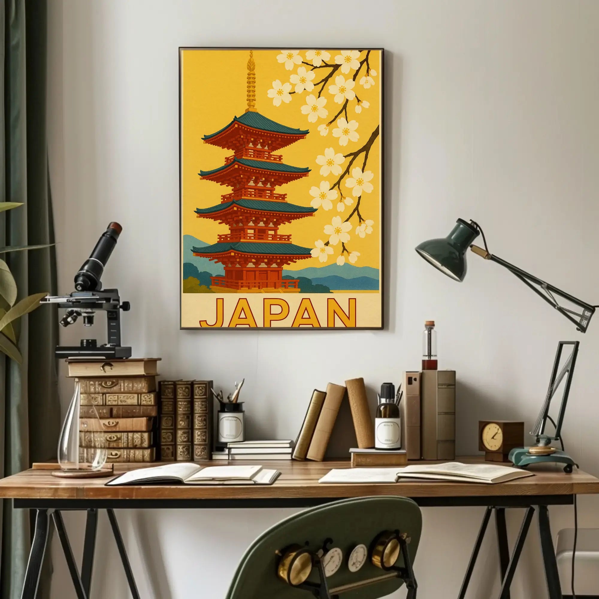 Traditional Japanese Pagoda and Cherry Blossoms Travel Poster PosterGoat