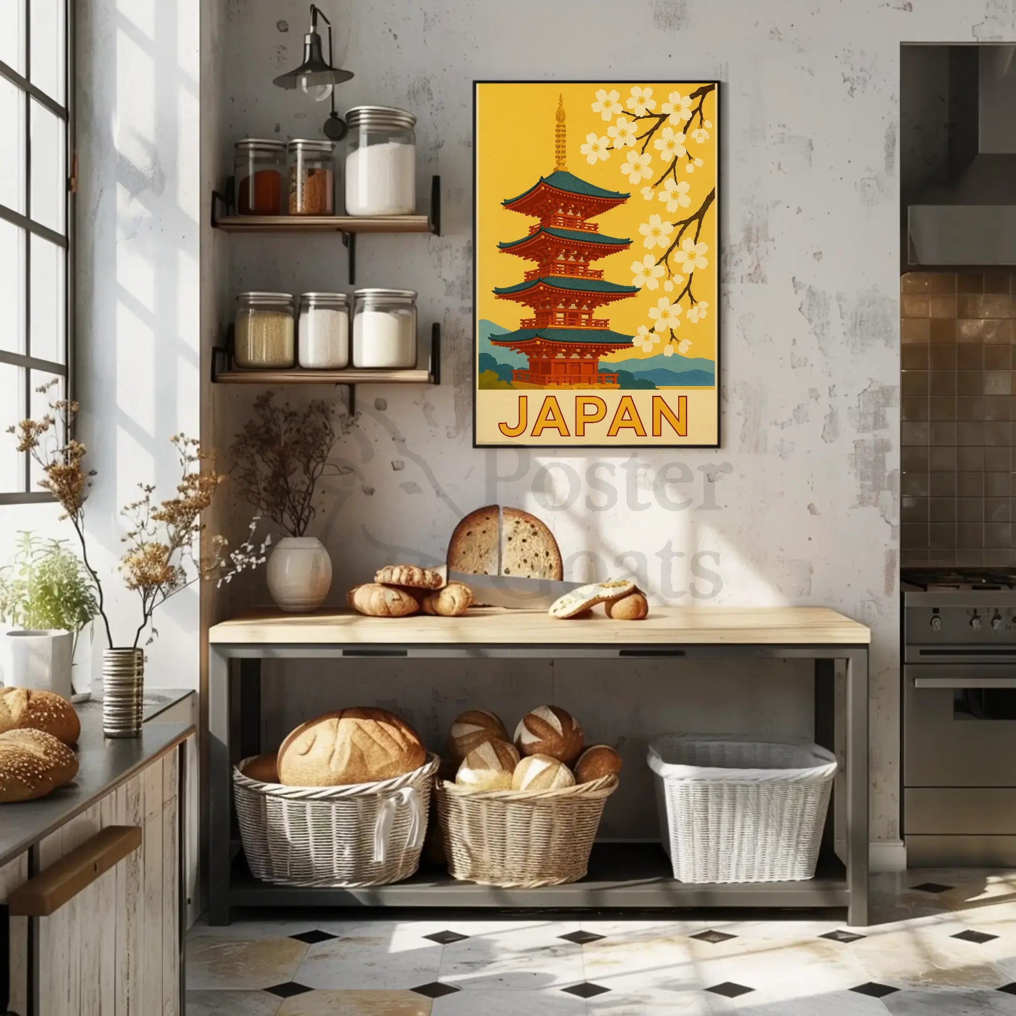 Traditional Japanese Pagoda and Cherry Blossoms Travel Poster PosterGoat