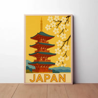 Traditional Japanese Pagoda and Cherry Blossoms Travel Poster PosterGoat