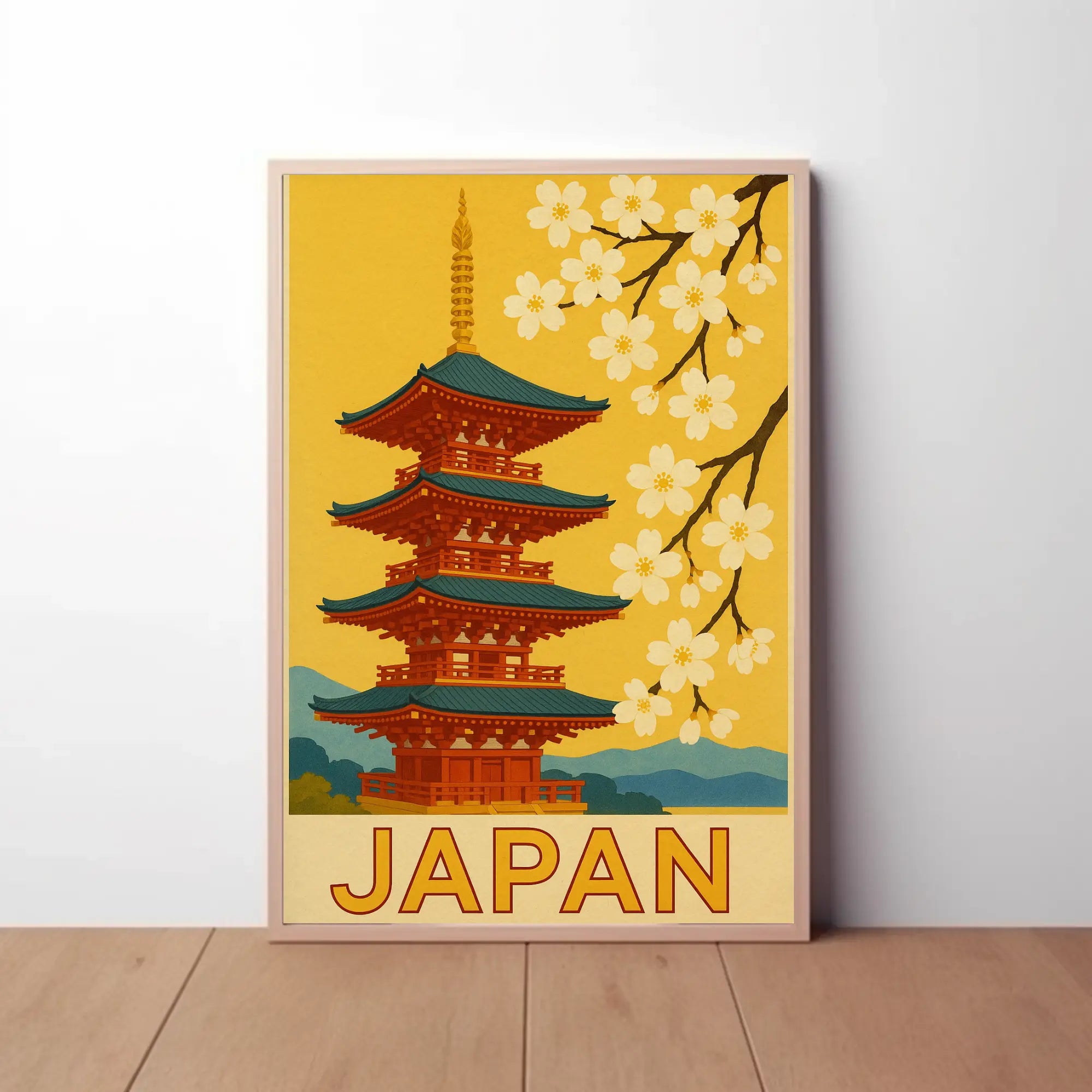 Traditional Japanese Pagoda and Cherry Blossoms Travel Poster PosterGoat