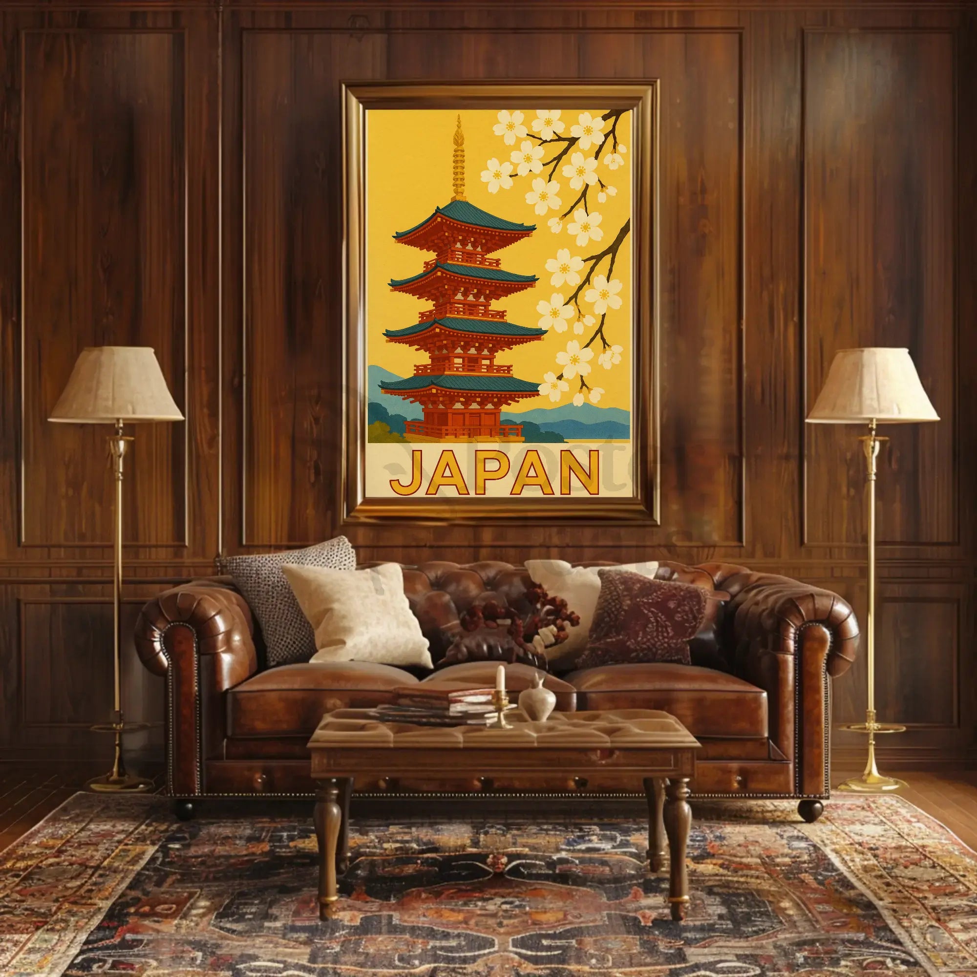 Traditional Japanese Pagoda and Cherry Blossoms Travel Poster PosterGoat
