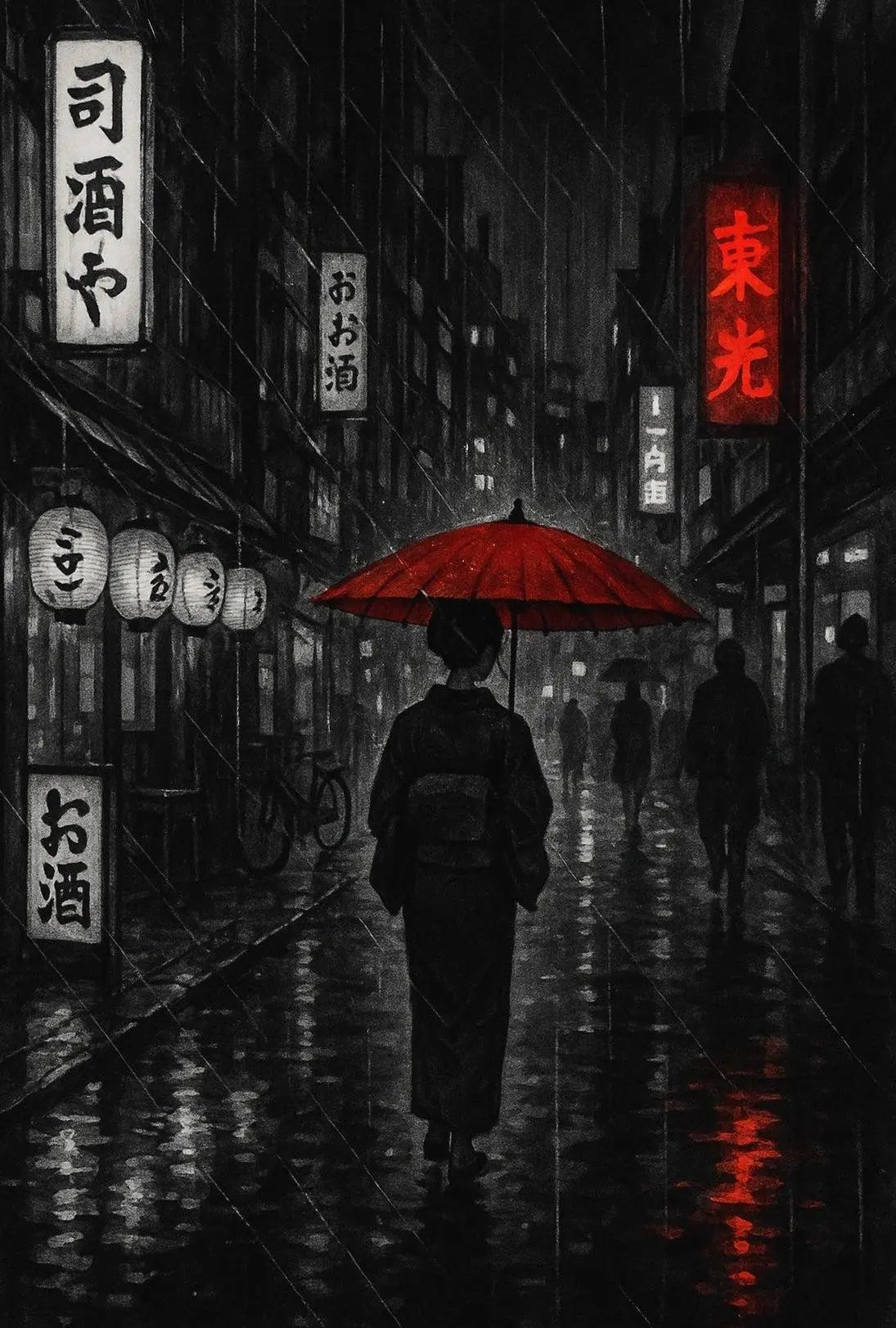 Traditional Japanese Street Scene with Red Umbrella Poster PosterGoat