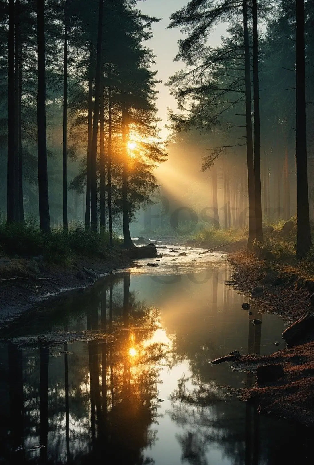 Tranquil Forest River Sunrise Scene National Park Poster PosterGoat