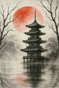 Tranquil Japanese Pagoda Scene with Red Sun Heritage Poster PosterGoat