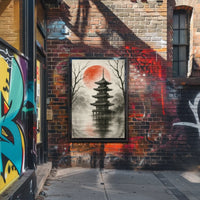 Tranquil Japanese Pagoda Scene with Red Sun Heritage Poster PosterGoat