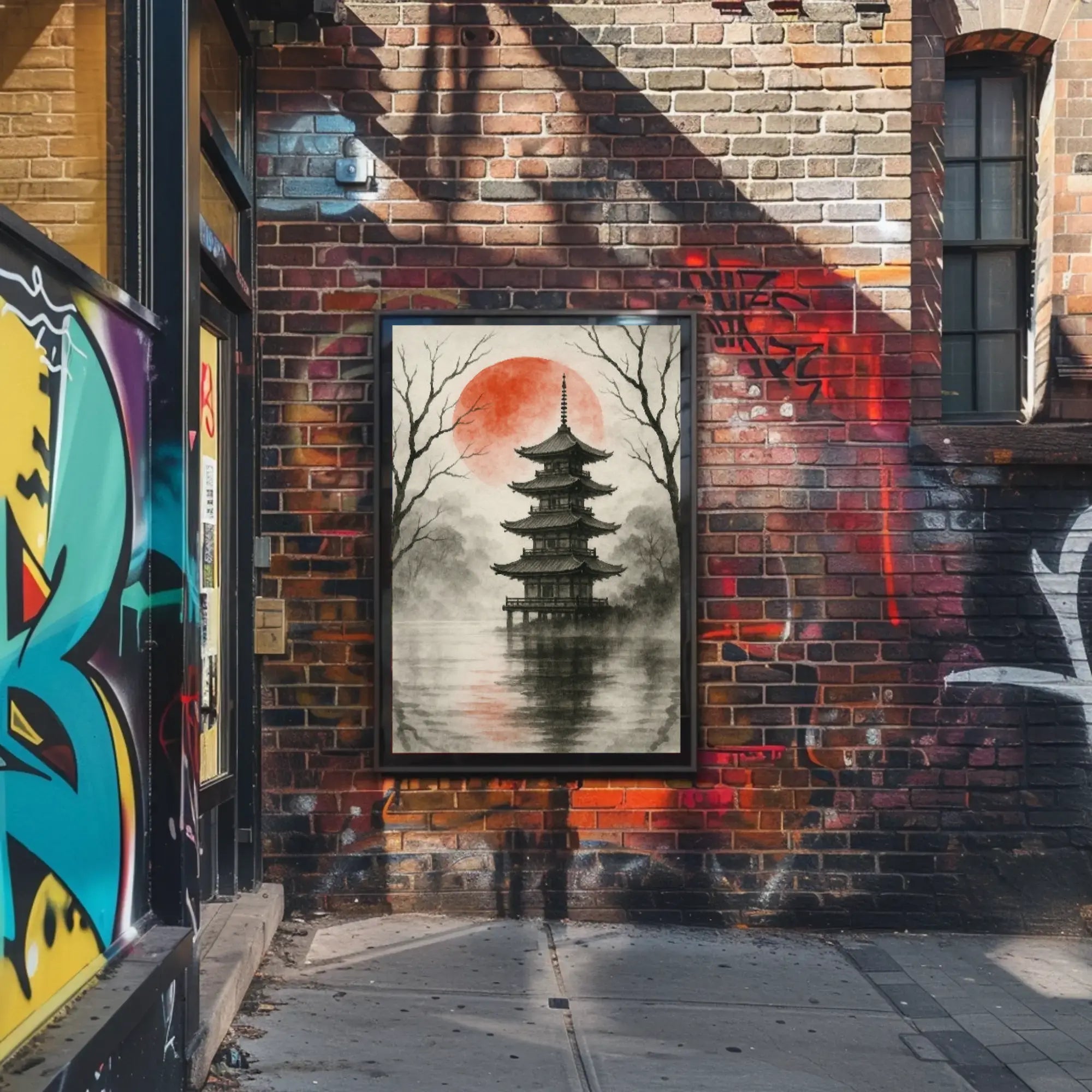 Tranquil Japanese Pagoda Scene with Red Sun Heritage Poster PosterGoat