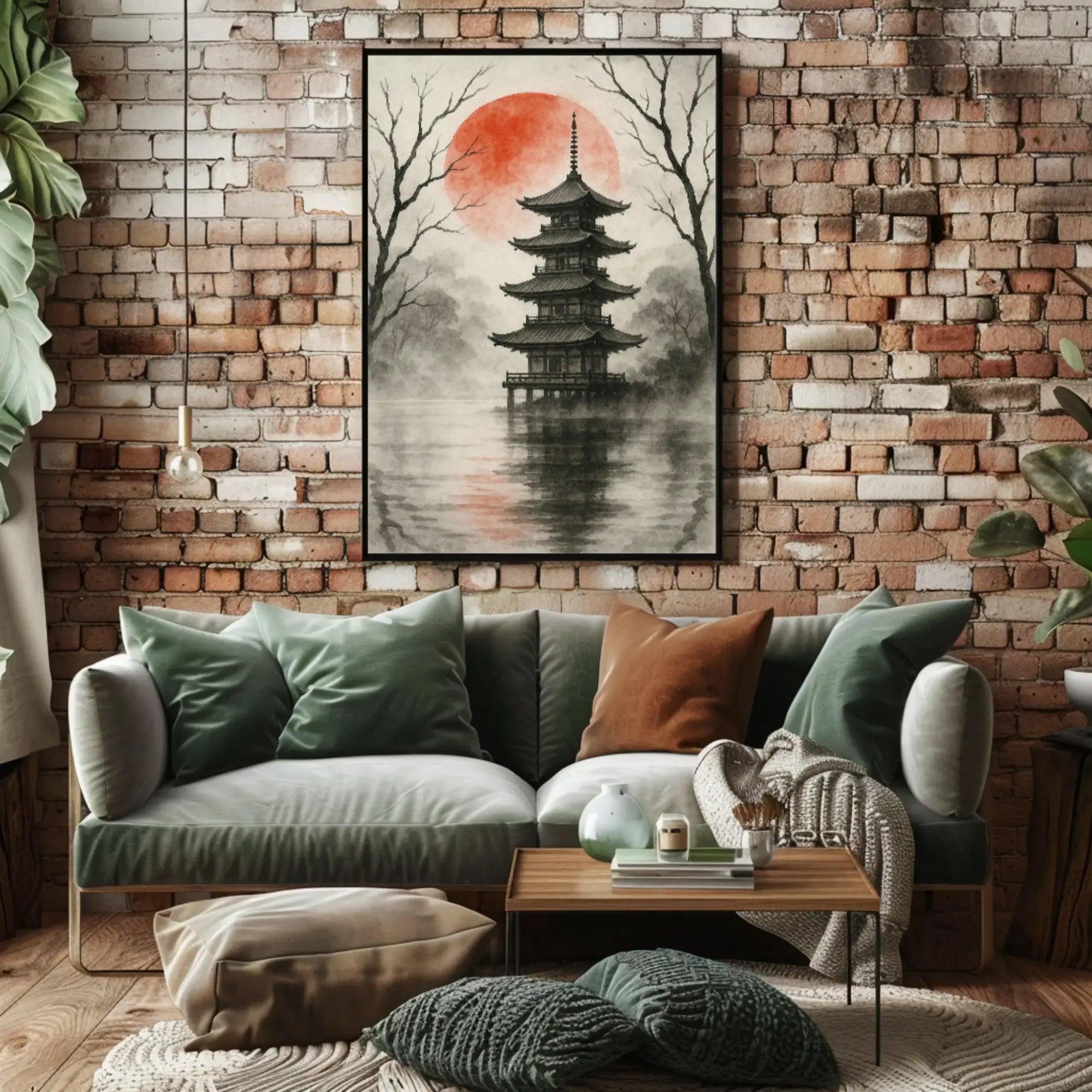 Tranquil Japanese Pagoda Scene with Red Sun Heritage Poster PosterGoat