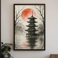 Tranquil Japanese Pagoda Scene with Red Sun Heritage Poster PosterGoat