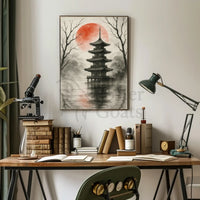 Tranquil Japanese Pagoda Scene with Red Sun Heritage Poster PosterGoat