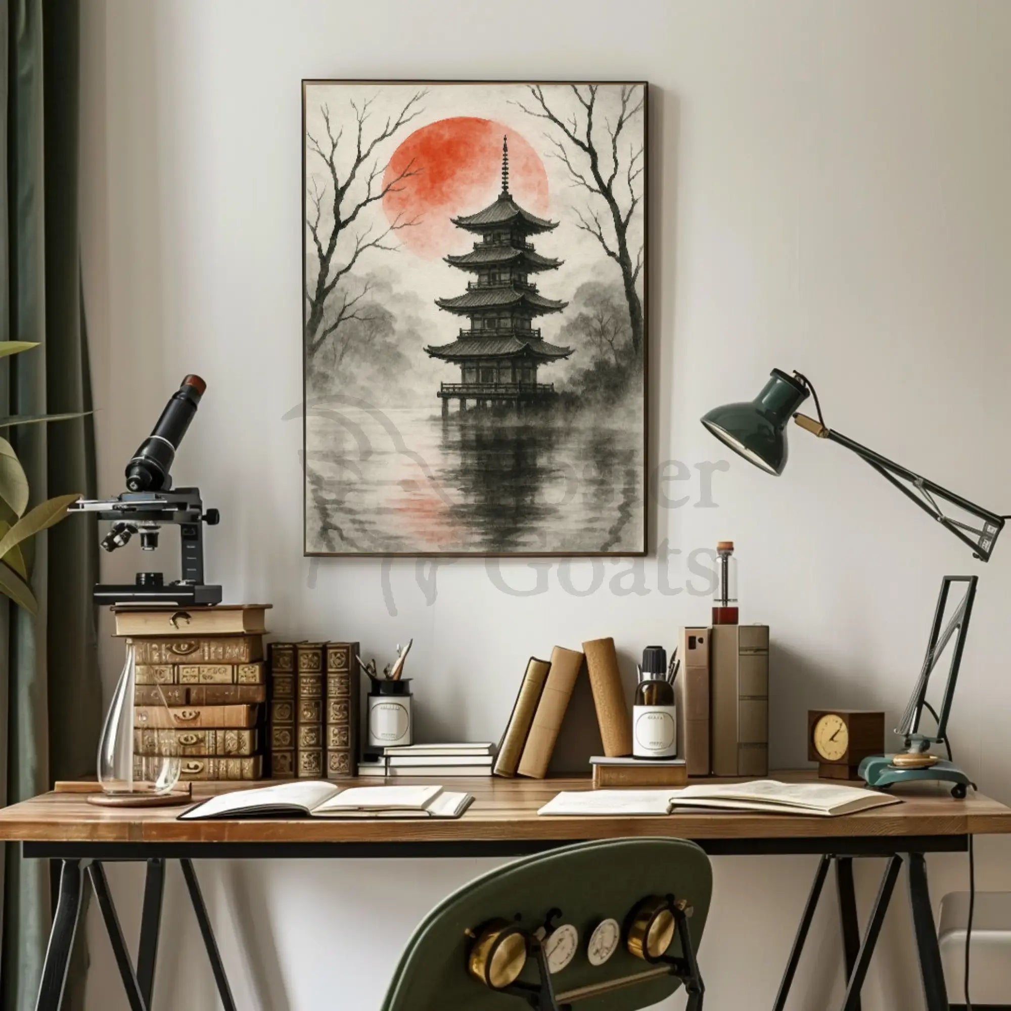 Tranquil Japanese Pagoda Scene with Red Sun Heritage Poster PosterGoat