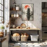 Tranquil Japanese Pagoda Scene with Red Sun Heritage Poster PosterGoat