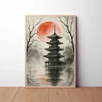 Tranquil Japanese Pagoda Scene with Red Sun Heritage Poster PosterGoat