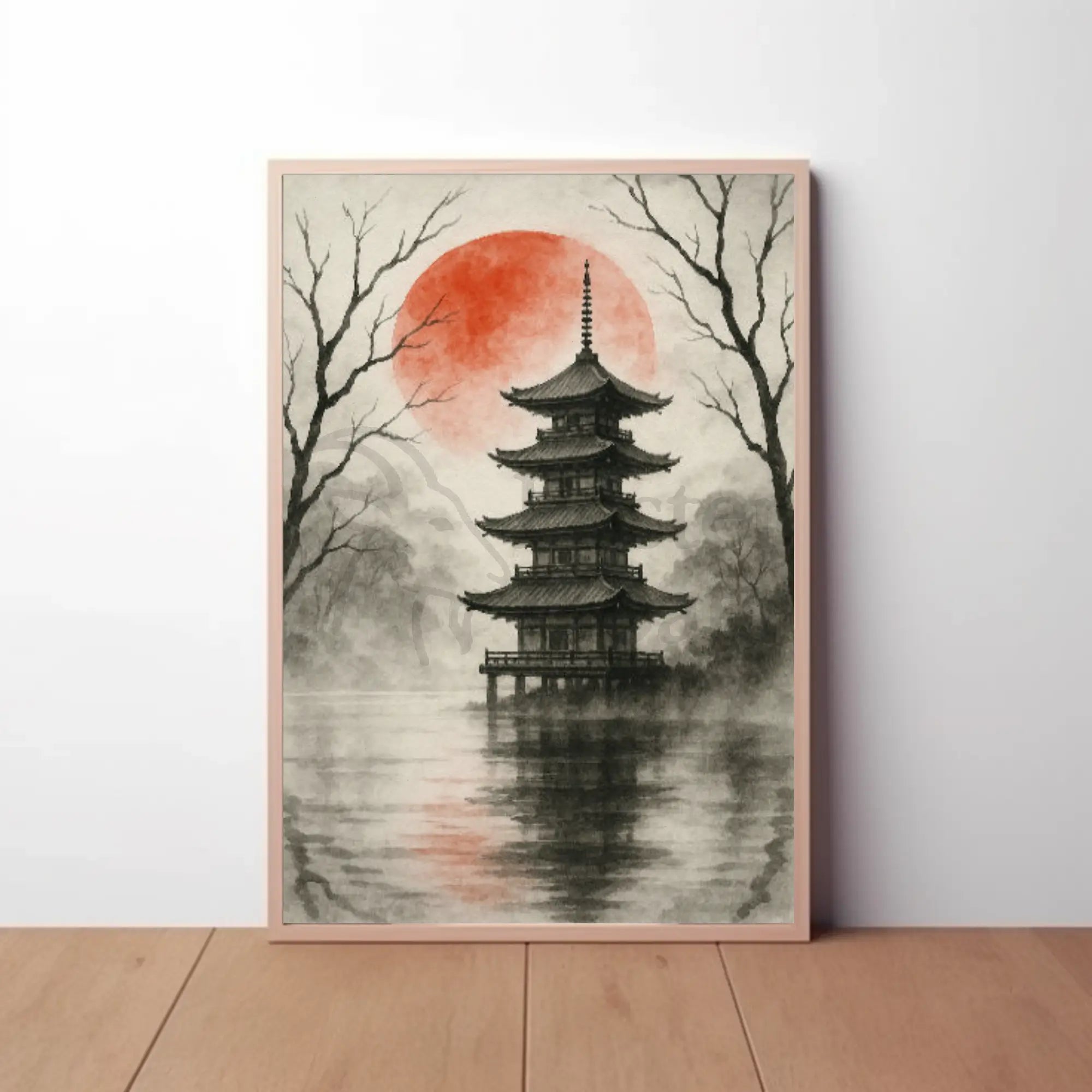 Tranquil Japanese Pagoda Scene with Red Sun Heritage Poster PosterGoat
