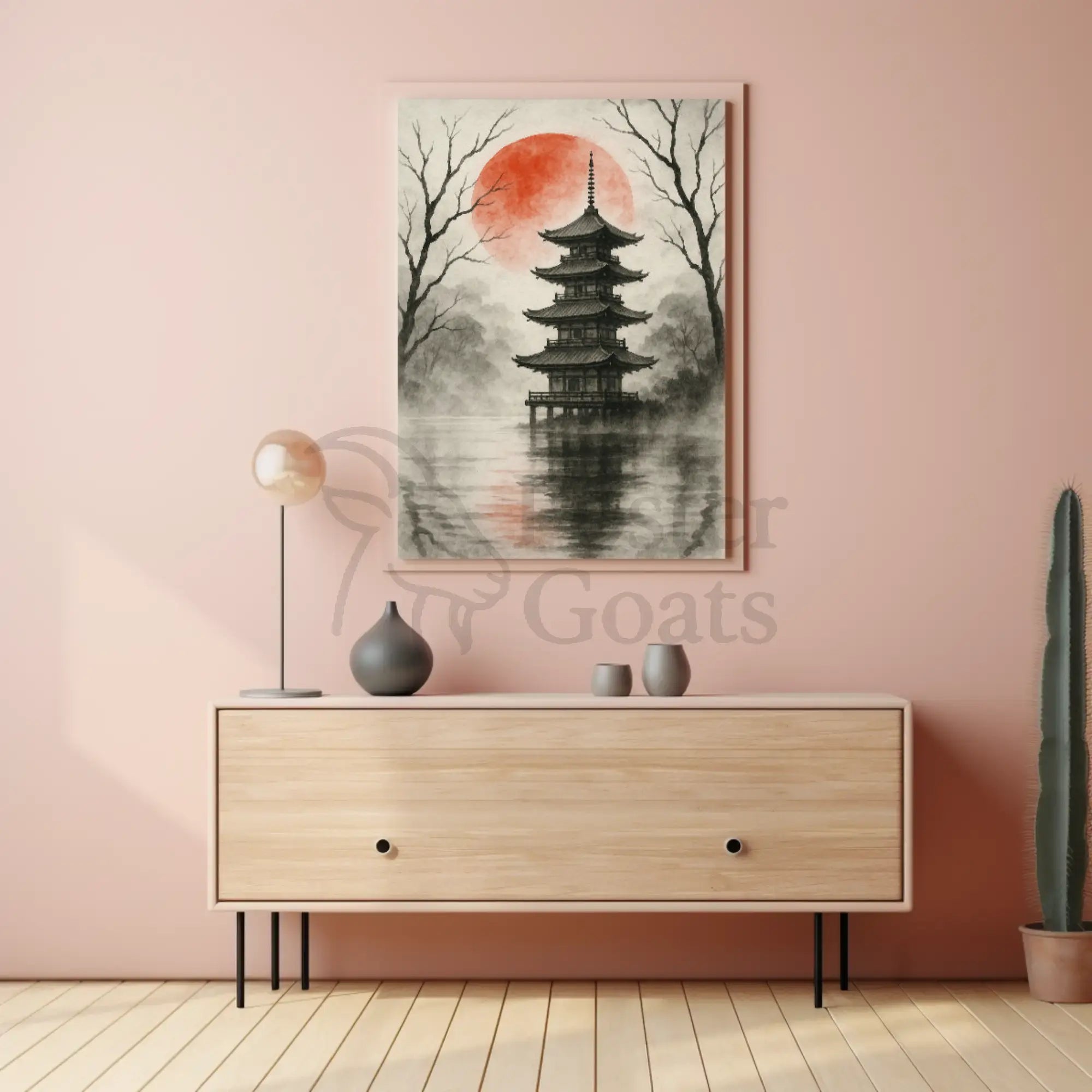 Tranquil Japanese Pagoda Scene with Red Sun Heritage Poster PosterGoat