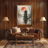 Tranquil Japanese Pagoda Scene with Red Sun Heritage Poster PosterGoat