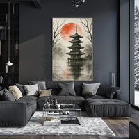 Tranquil Japanese Pagoda Scene with Red Sun Heritage Poster PosterGoat