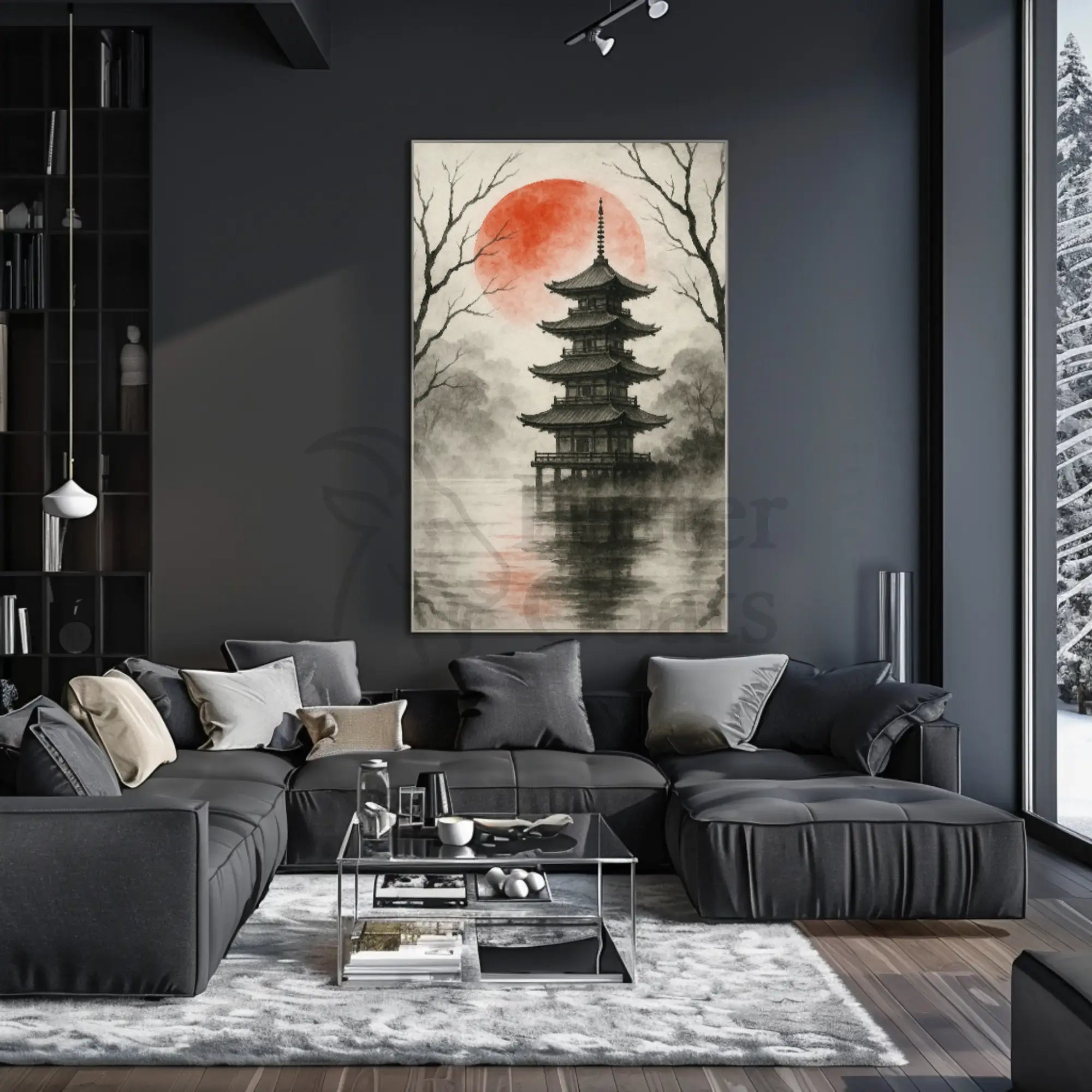 Tranquil Japanese Pagoda Scene with Red Sun Heritage Poster PosterGoat