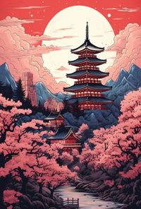 Tranquil Japanese Pagoda Under Moonlight Heritage Poster PosterGoat