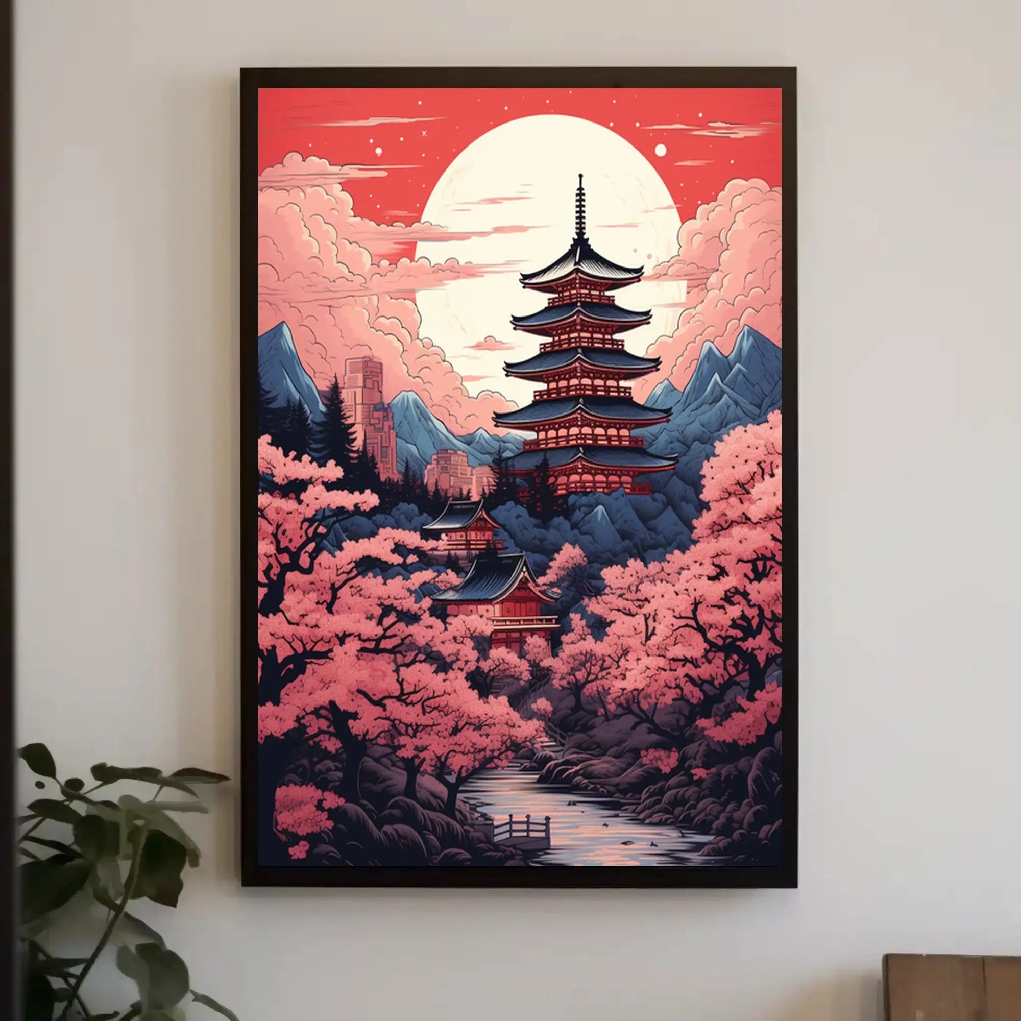 Tranquil Japanese Pagoda Under Moonlight Heritage Poster PosterGoat