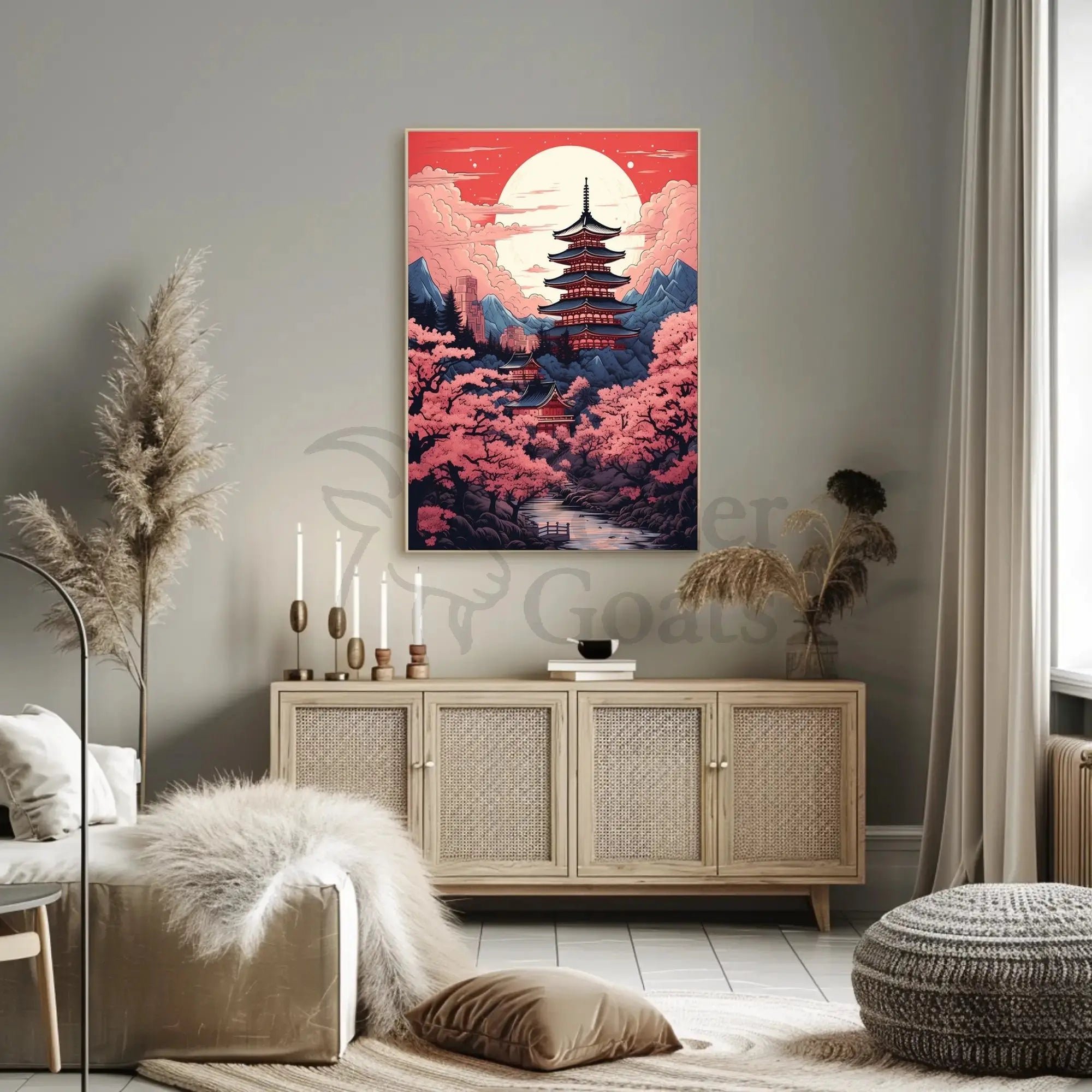 Tranquil Japanese Pagoda Under Moonlight Heritage Poster PosterGoat