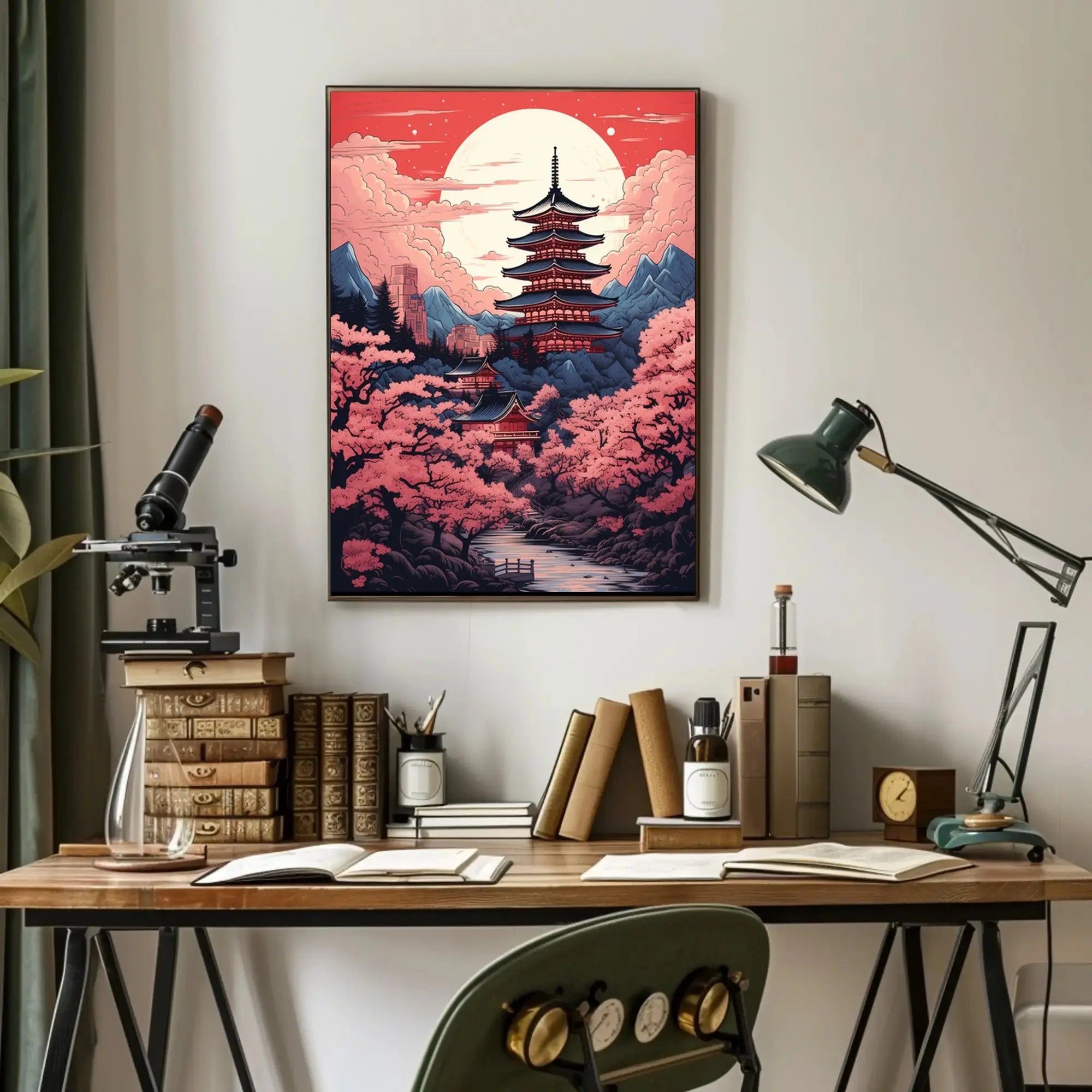 Tranquil Japanese Pagoda Under Moonlight Heritage Poster PosterGoat