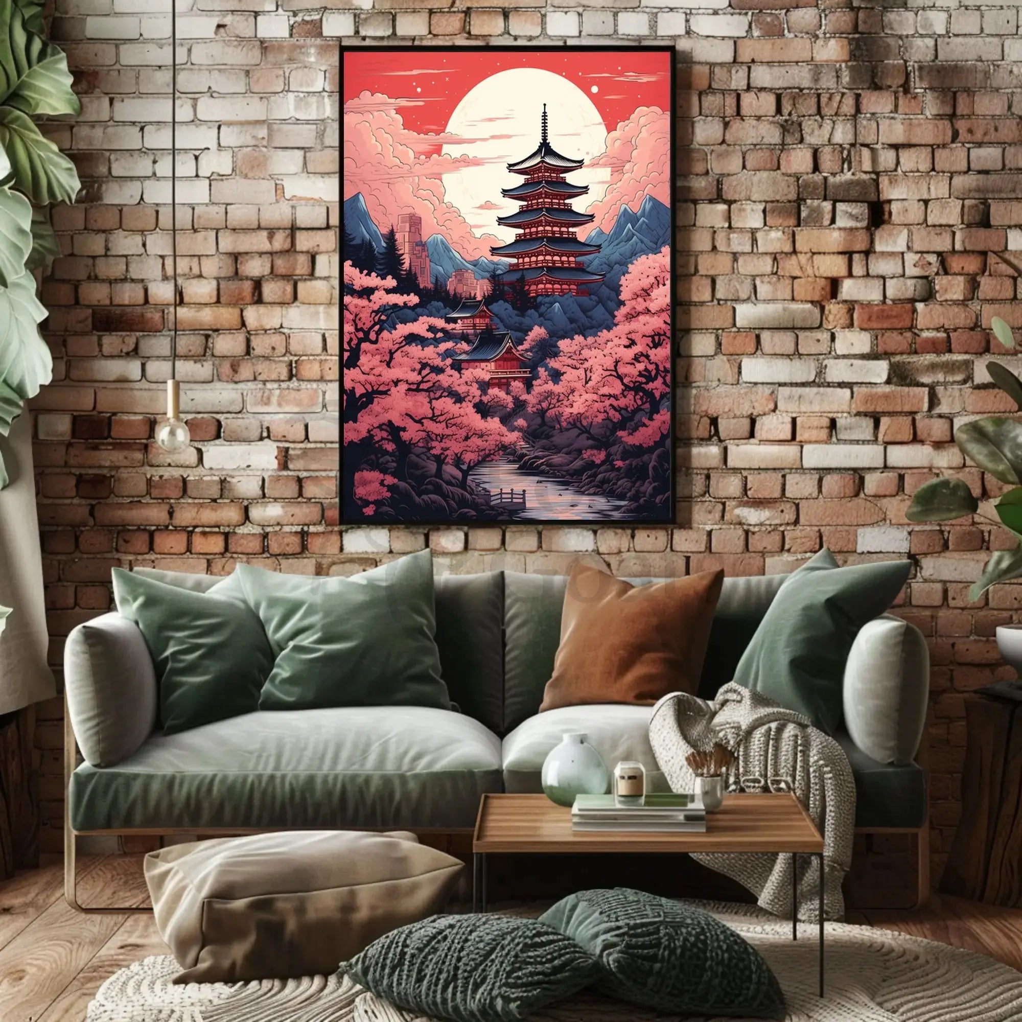Tranquil Japanese Pagoda Under Moonlight Heritage Poster PosterGoat