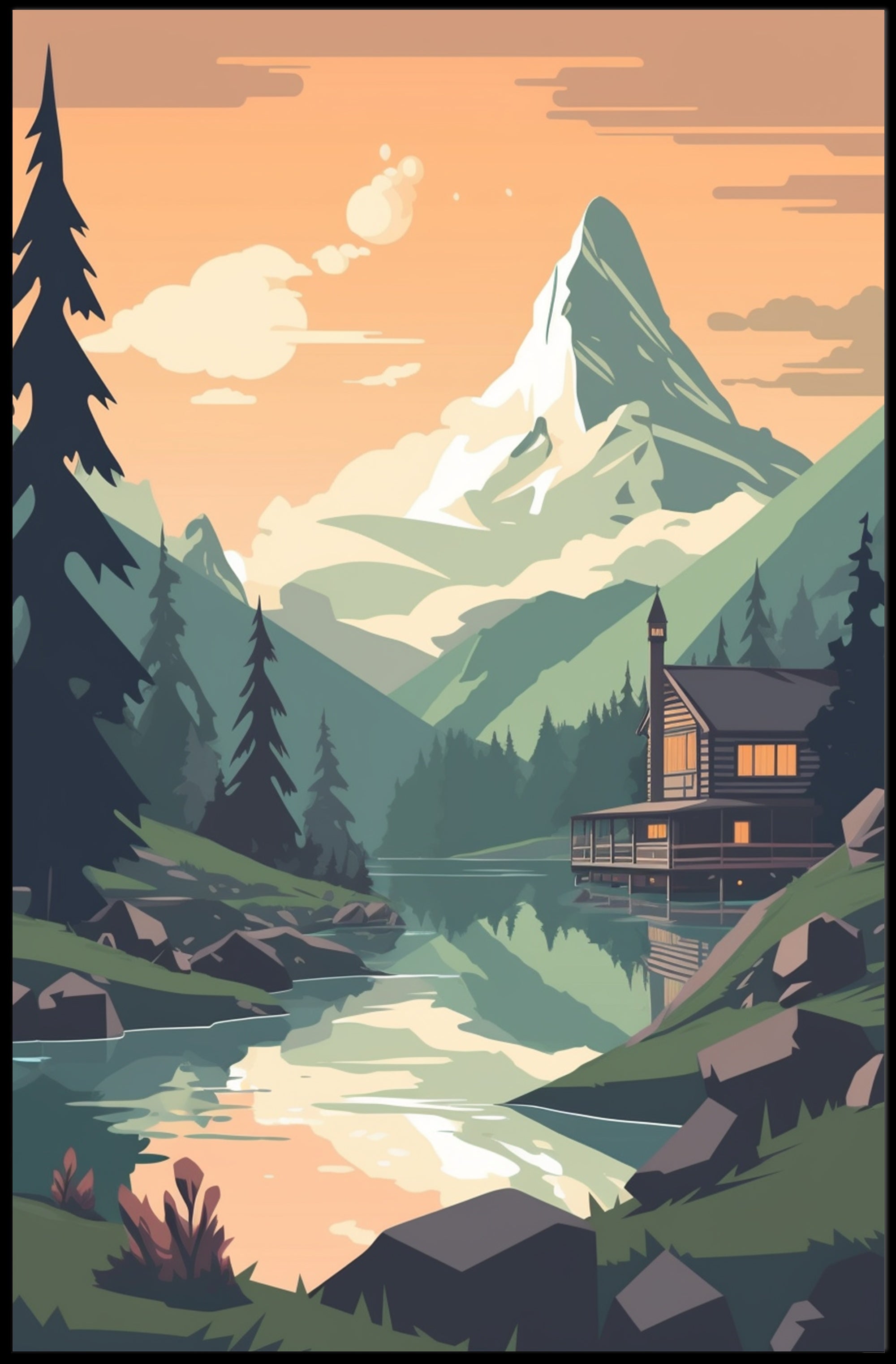 Tranquil Mountain Cabin Scene Under Orange Sky Travel Poster PosterGoat