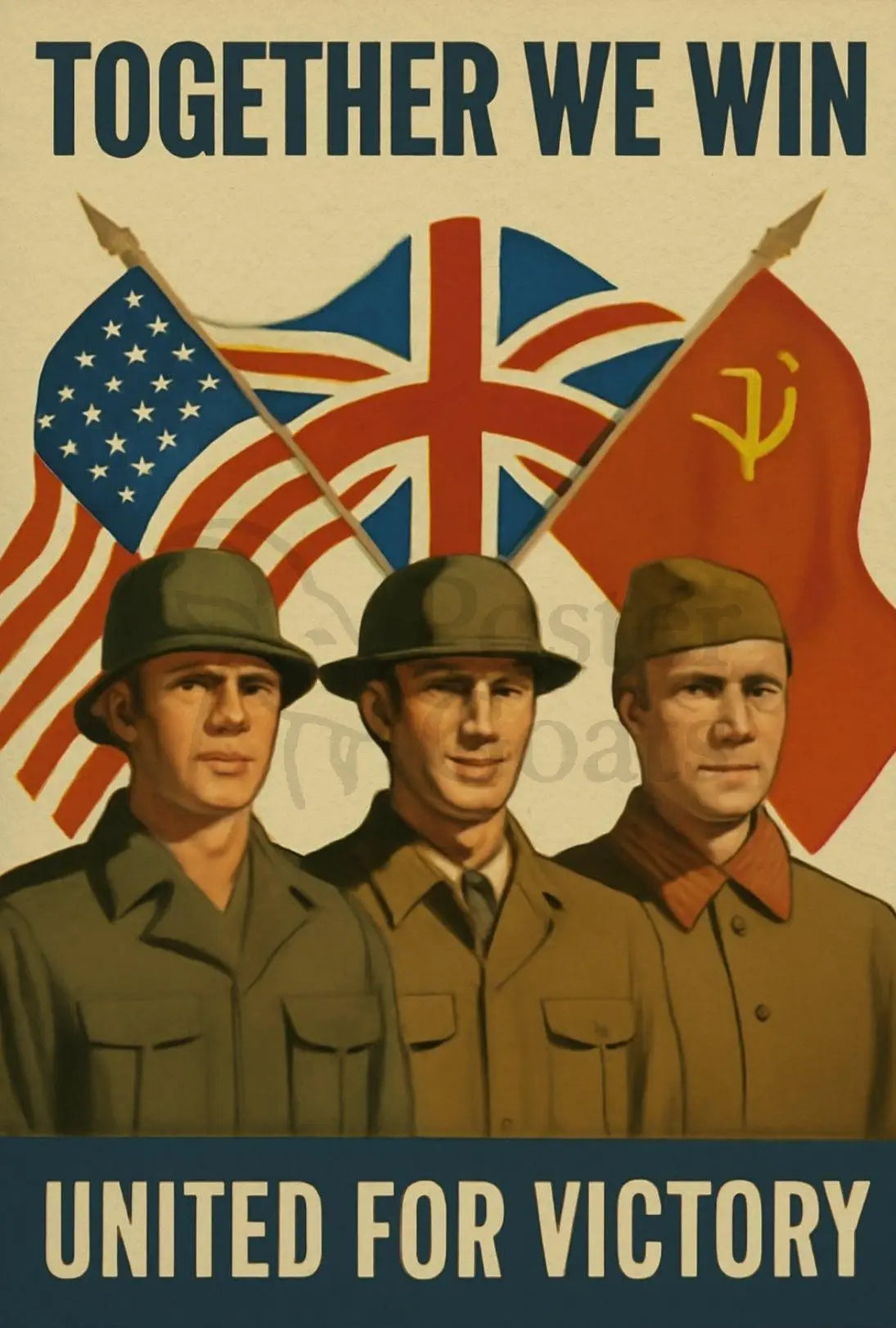 A poster with two soldiers in uniform Travel Poster featuring vintage military unity for Liberty Prints decor lovers.