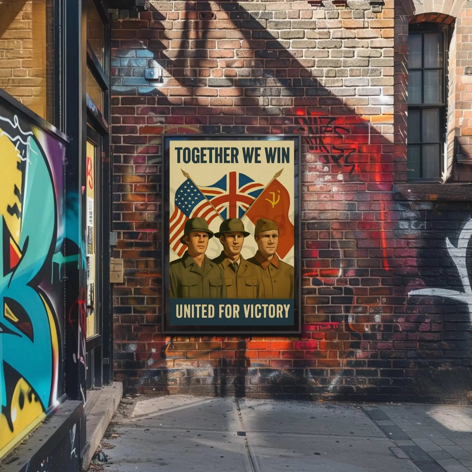 A poster with two soldiers in uniform Travel Poster showing unity and victory with flags, perfect for decor and travel lovers.