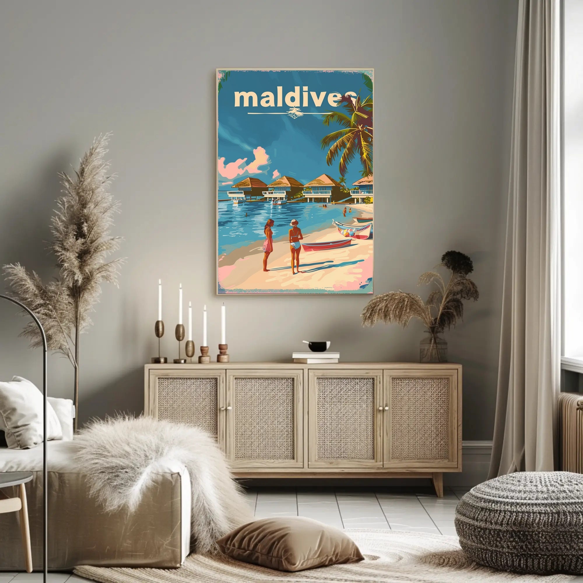 Tropical Maldives Beach Retro Travel-Themed Poster PosterGoat