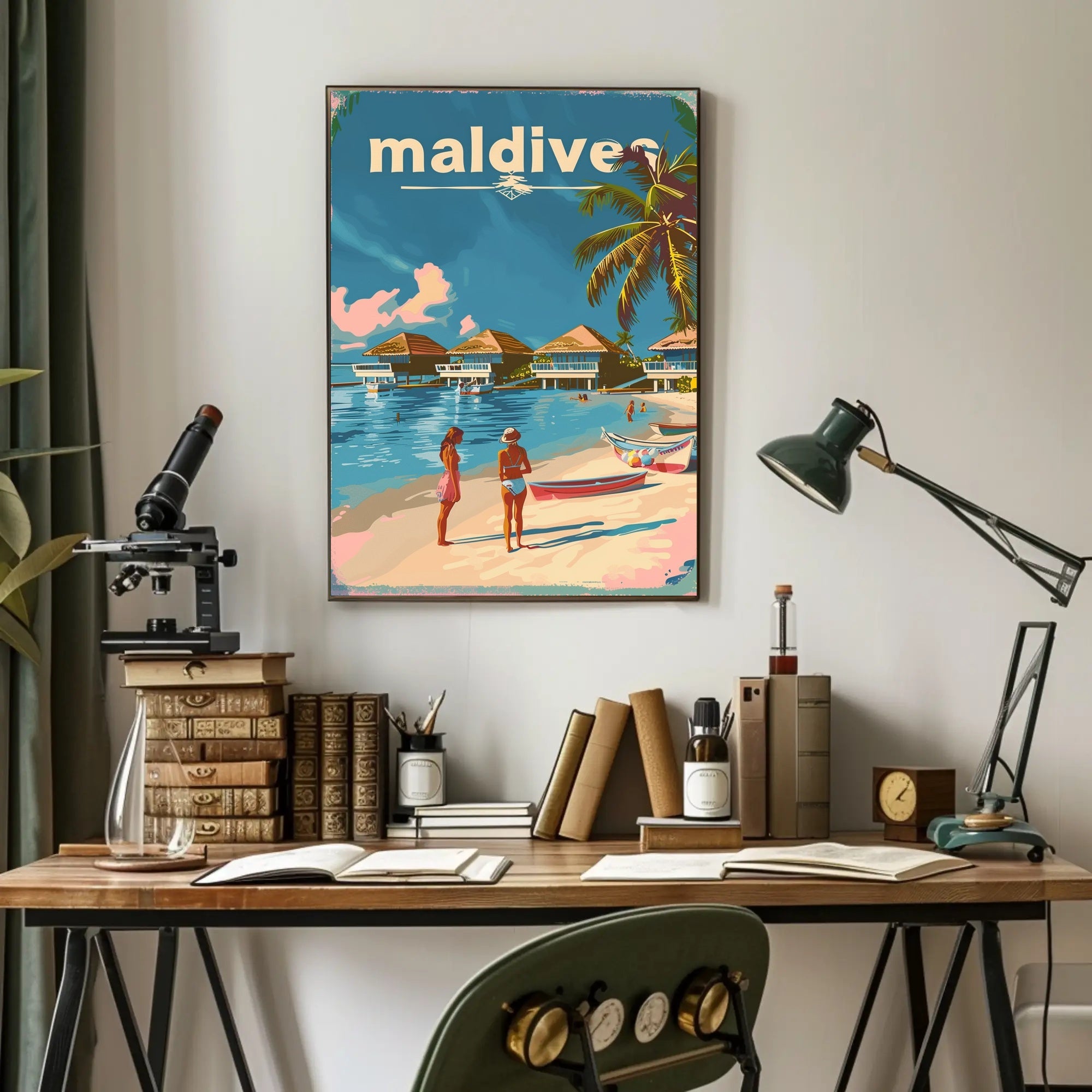 Tropical Maldives Beach Retro Travel-Themed Poster PosterGoat