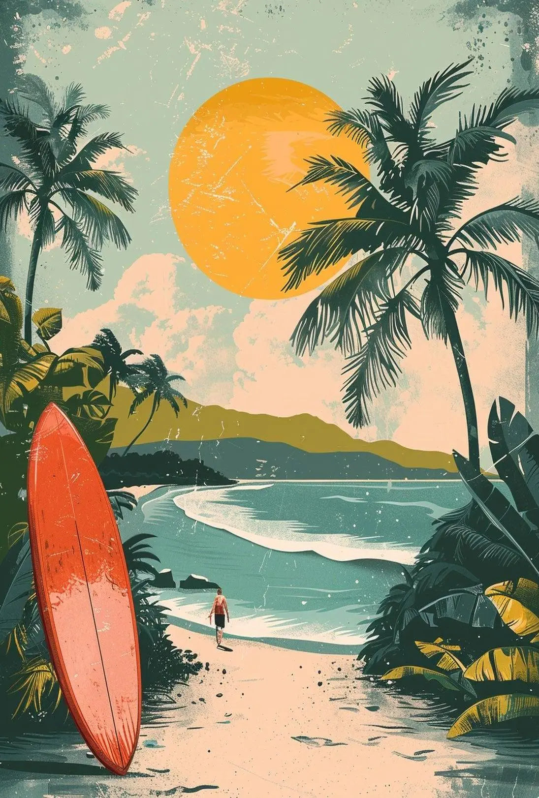 Tropical Surfboard Adventure Vintage Travel Poster PosterGoat