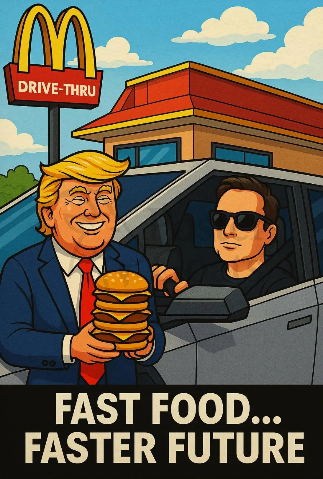 Trump Elon Fast Food Future Satirical Pop Culture Poster PosterGoat