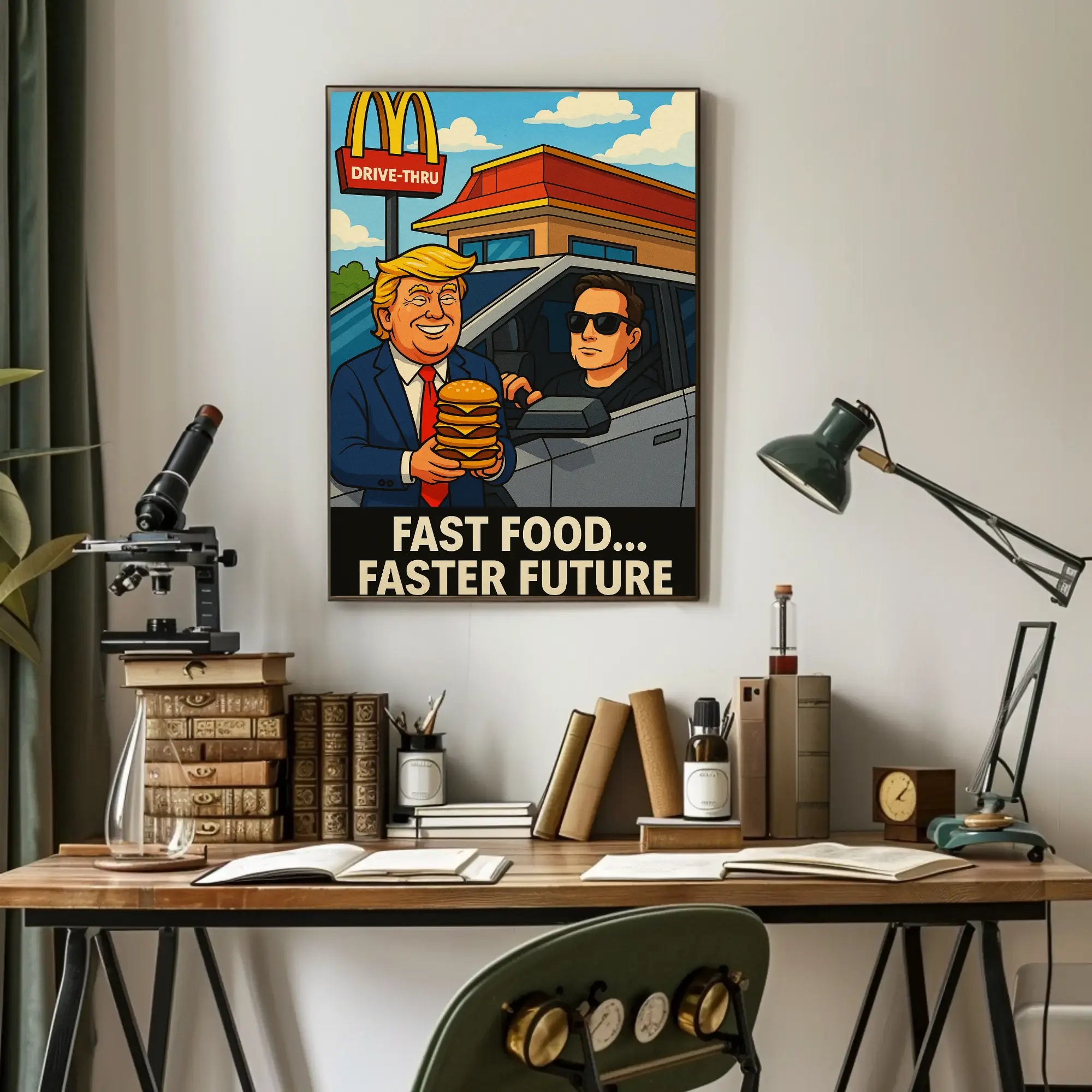Trump Elon Fast Food Future Satirical Pop Culture Poster PosterGoat