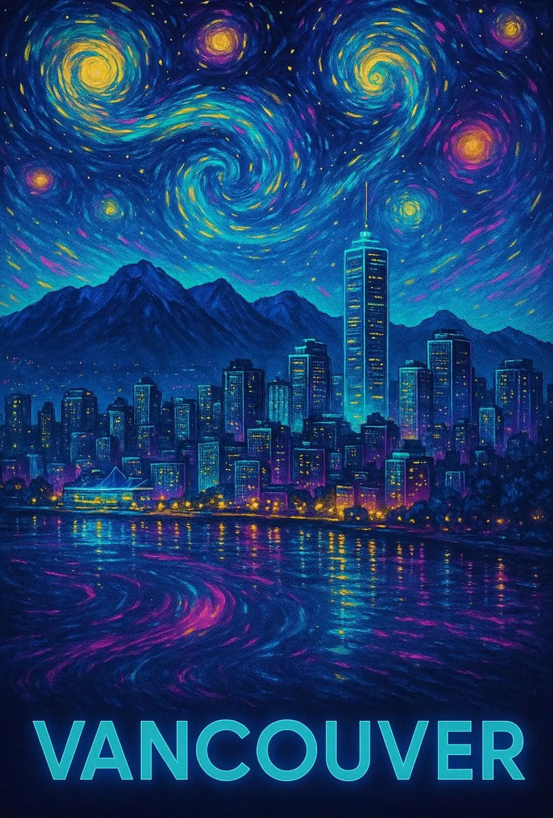 Vancouver Nightscape Inspired by Van Gogh Artistic Poster PosterGoat