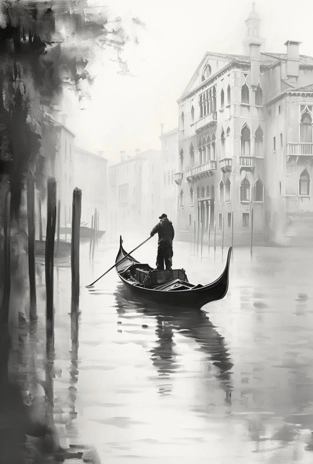 Venetian Gondolier Tranquility in Black and White Poster PosterGoat